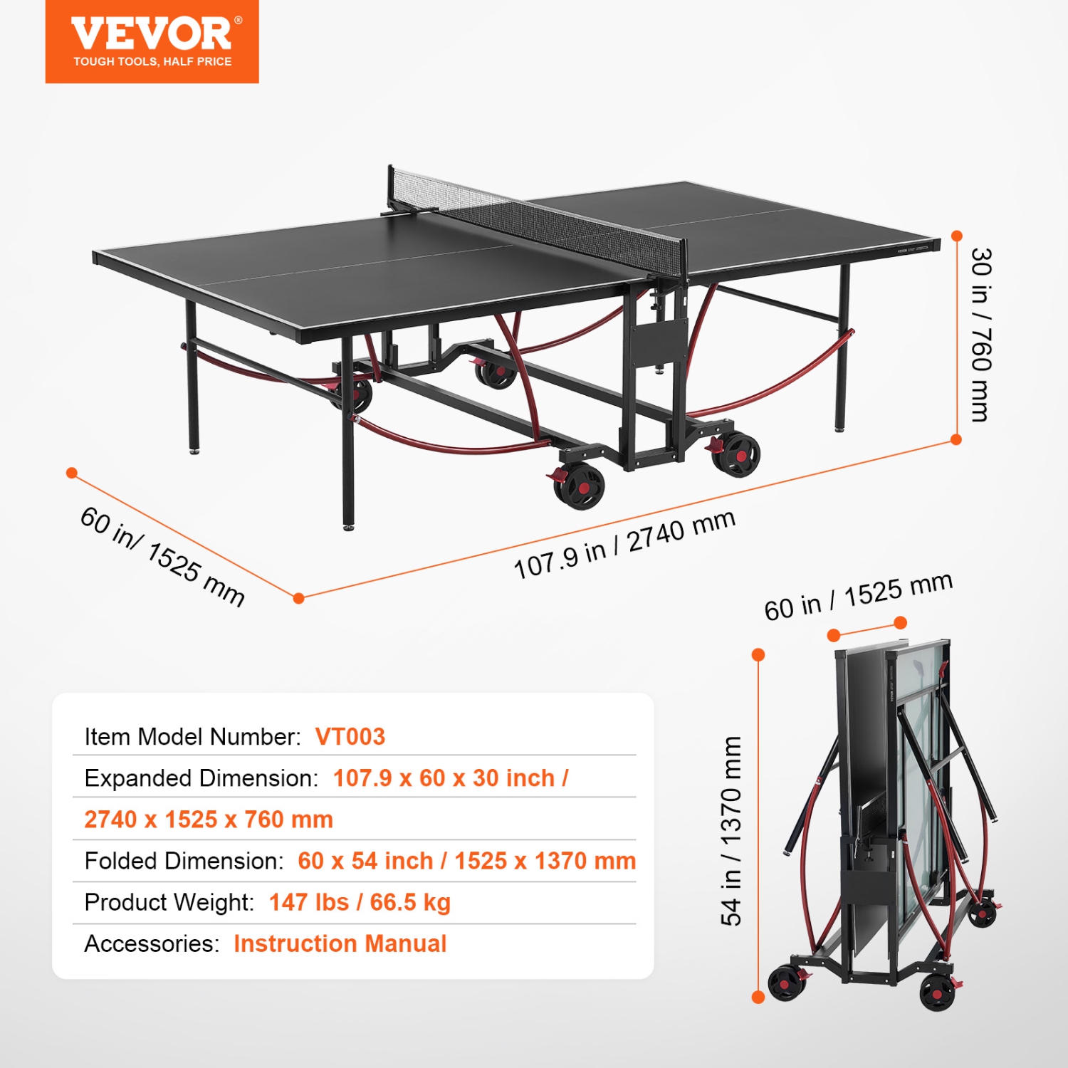VEVOR Ping Pong Table, Professional Table Tennis Game, Indoor/Outdoor All Weather Aluminum Table Tennis Table, Foldable Table with Clamp Net &