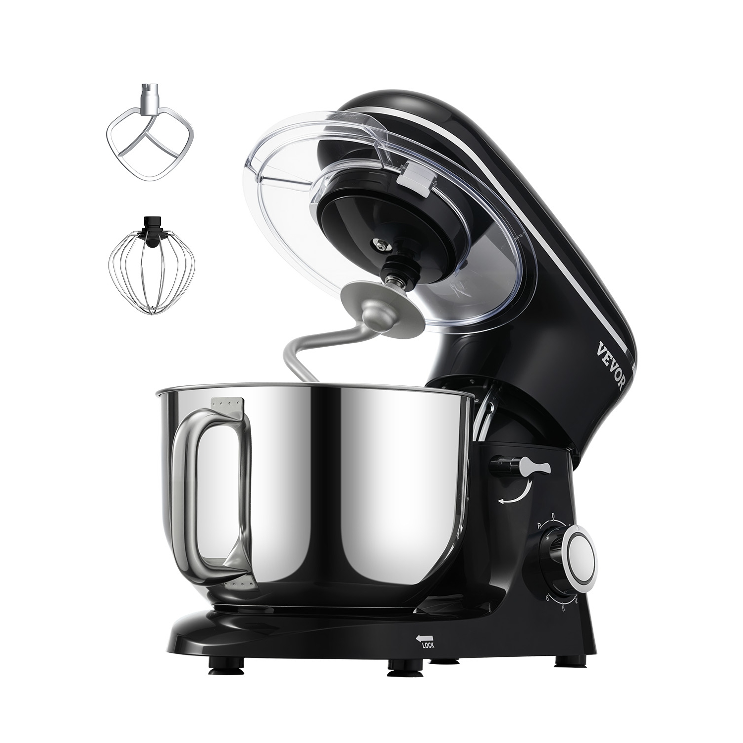 VEVOR 6 QT Stand Mixer, 660W 6 + P Speeds Tilt-head Mixer with Stainless Steel Bowl, Dough Hook, Wire Whip, Flat Beater, Scraper,Household Stand
