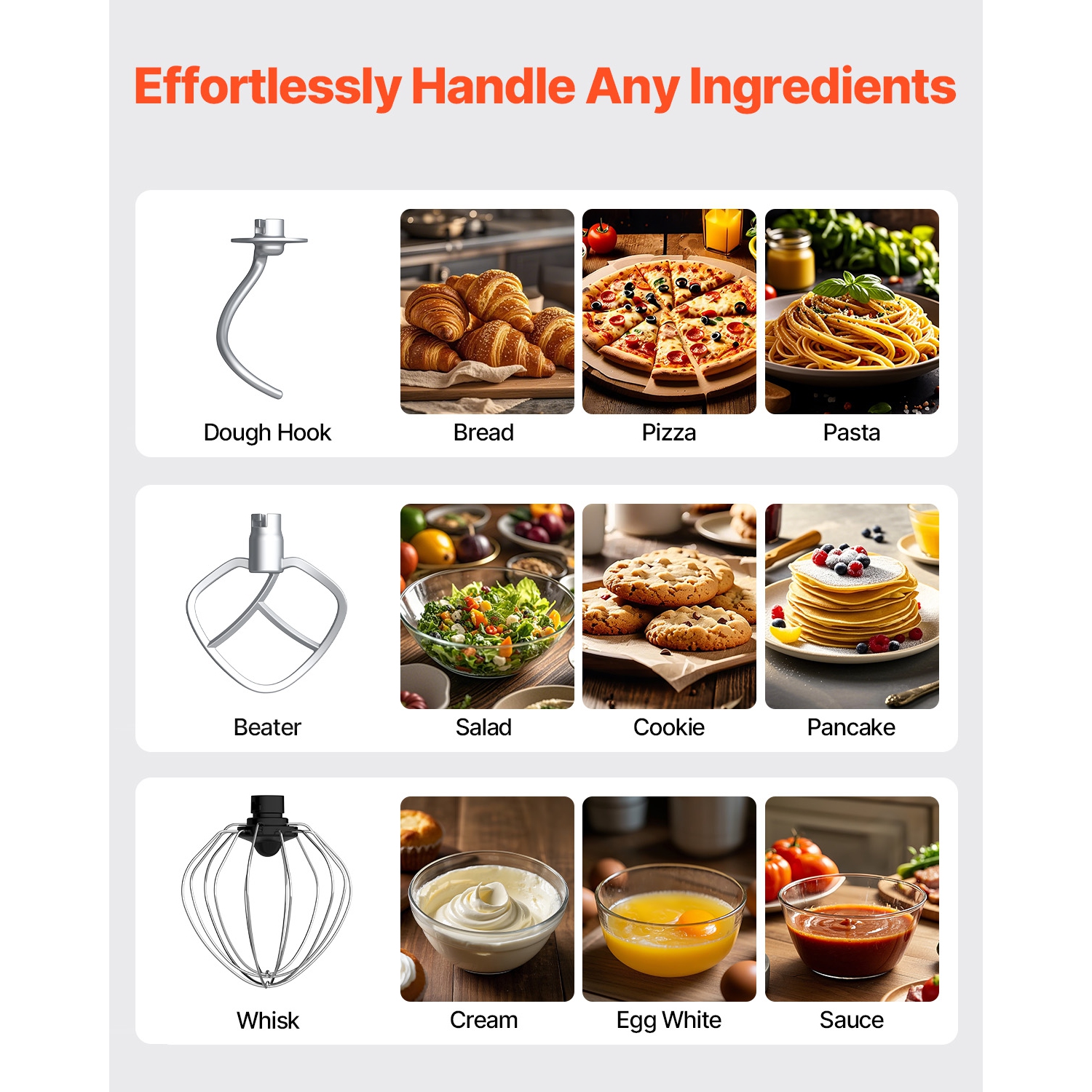 VEVOR 6 QT Stand Mixer, 660W 6 + P Speeds Tilt-head Mixer with Stainless Steel Bowl, Dough Hook, Wire Whip, Flat Beater, Scraper,Household Stand