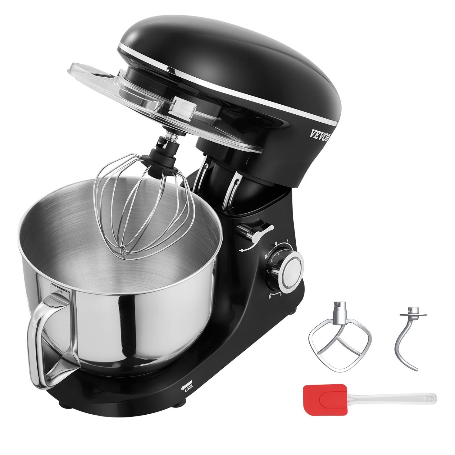 VEVOR 6 QT Stand Mixer, 660W 6 + P Speeds Tilt-head Mixer with Stainless Steel Bowl, Dough Hook, Wire Whip, Flat Beater, Scraper,Household Stand