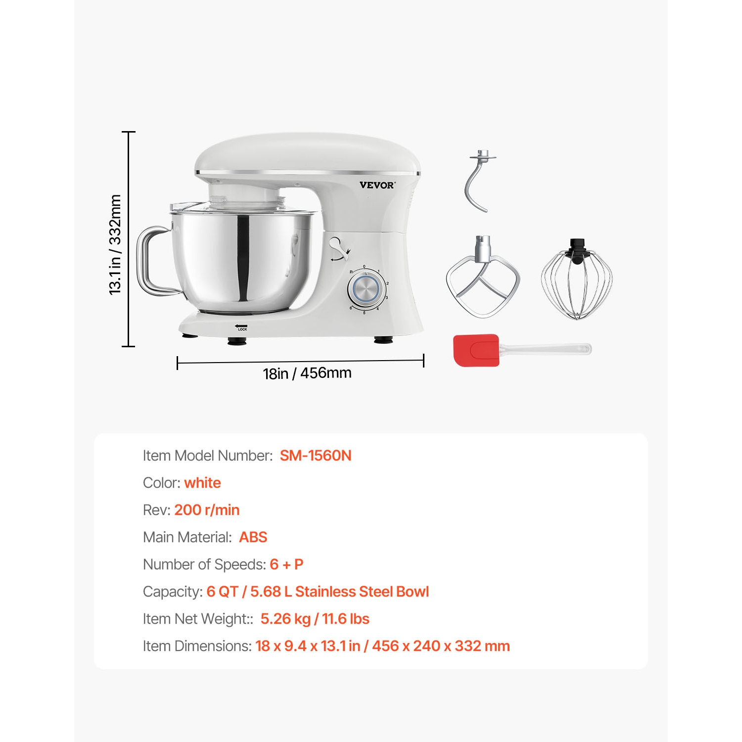 VEVOR 6 QT Stand Mixer, 660W 6 + P Speeds Tilt-head Mixer with Stainless Steel Bowl, Dough Hook, Wire Whip, Flat Beater, Scraper, Household Stand