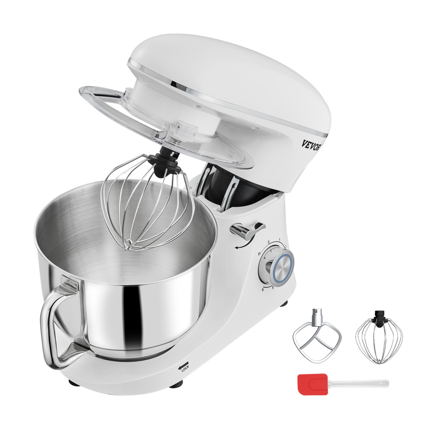 VEVOR 6 QT Stand Mixer, 660W 6 + P Speeds Tilt-head Mixer with Stainless Steel Bowl, Dough Hook, Wire Whip, Flat Beater, Scraper, Household Stand