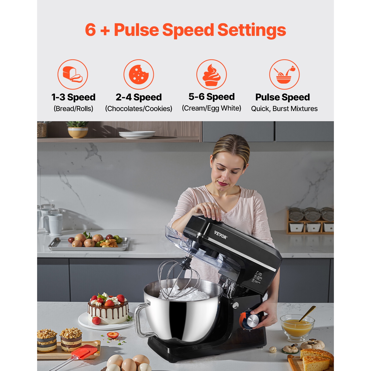VEVOR 8.3QT Stand Mixer, 660W 6+P Speeds Tilt-head Mixer with Stainless Steel Bowl, Dough Hook, Wire Whip, Flat Beater, Scraper, Household Stand