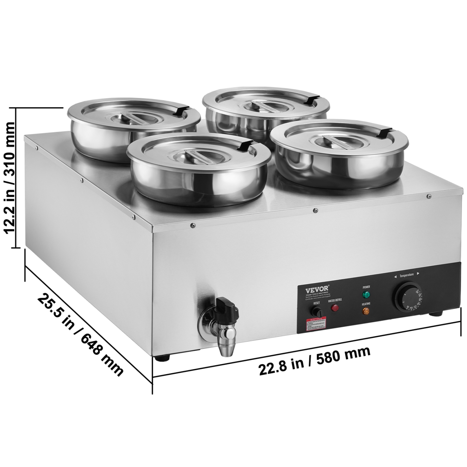VEVOR 1500W Electric Soup Warmer, Four 7.4QT Stainless Steel Round Pot, Commercial Food Warmer, 86~185°F Adjustable Temp, Bain Marie with Anti-Dry