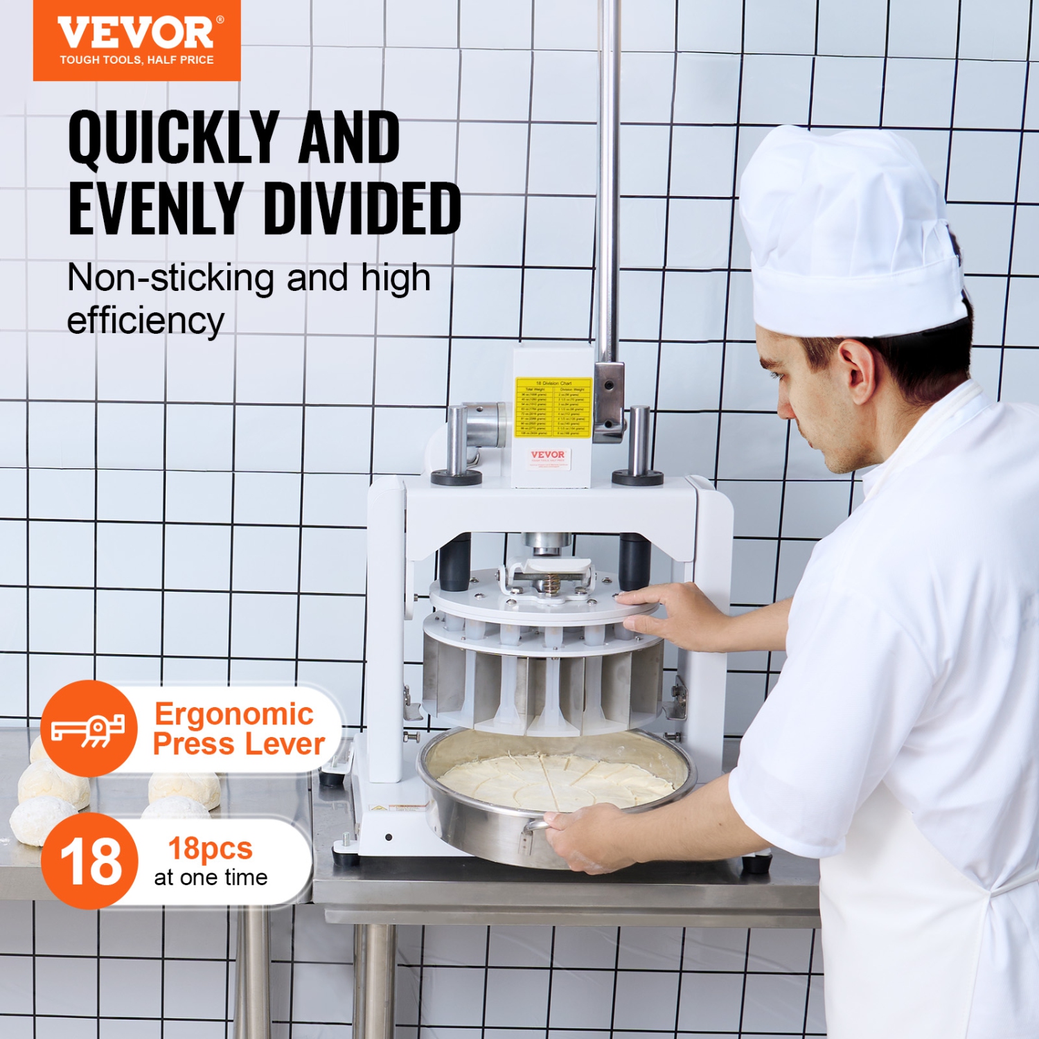 VEVOR 18PCS Dough Divider Rounder, Manual Dough Equal Divider Machine, 2.11oz - 9.88oz Hand Press Dough Cutter with 304 Stainless Steel Tray and