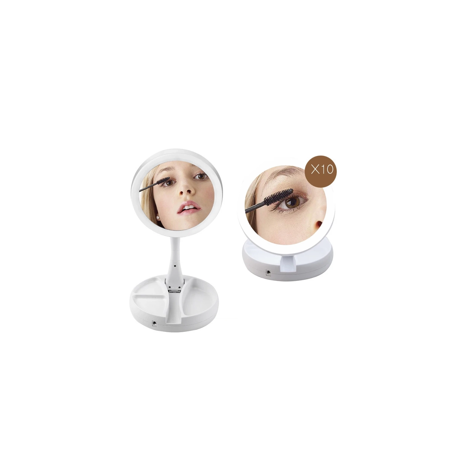 Miroir de maquillage illuminé de bureau 6&nbsp;po à deux côtés grossissant 10X/1X avec miroir pliable à bouton