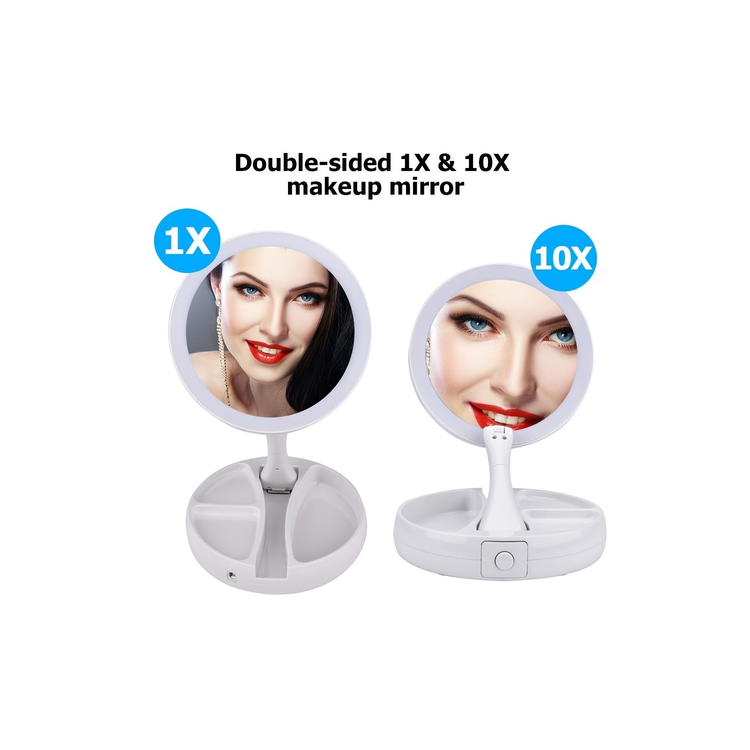 Miroir de maquillage illuminé de bureau 6 po à deux côtés grossissant 10X/1X avec miroir pliable à bouton