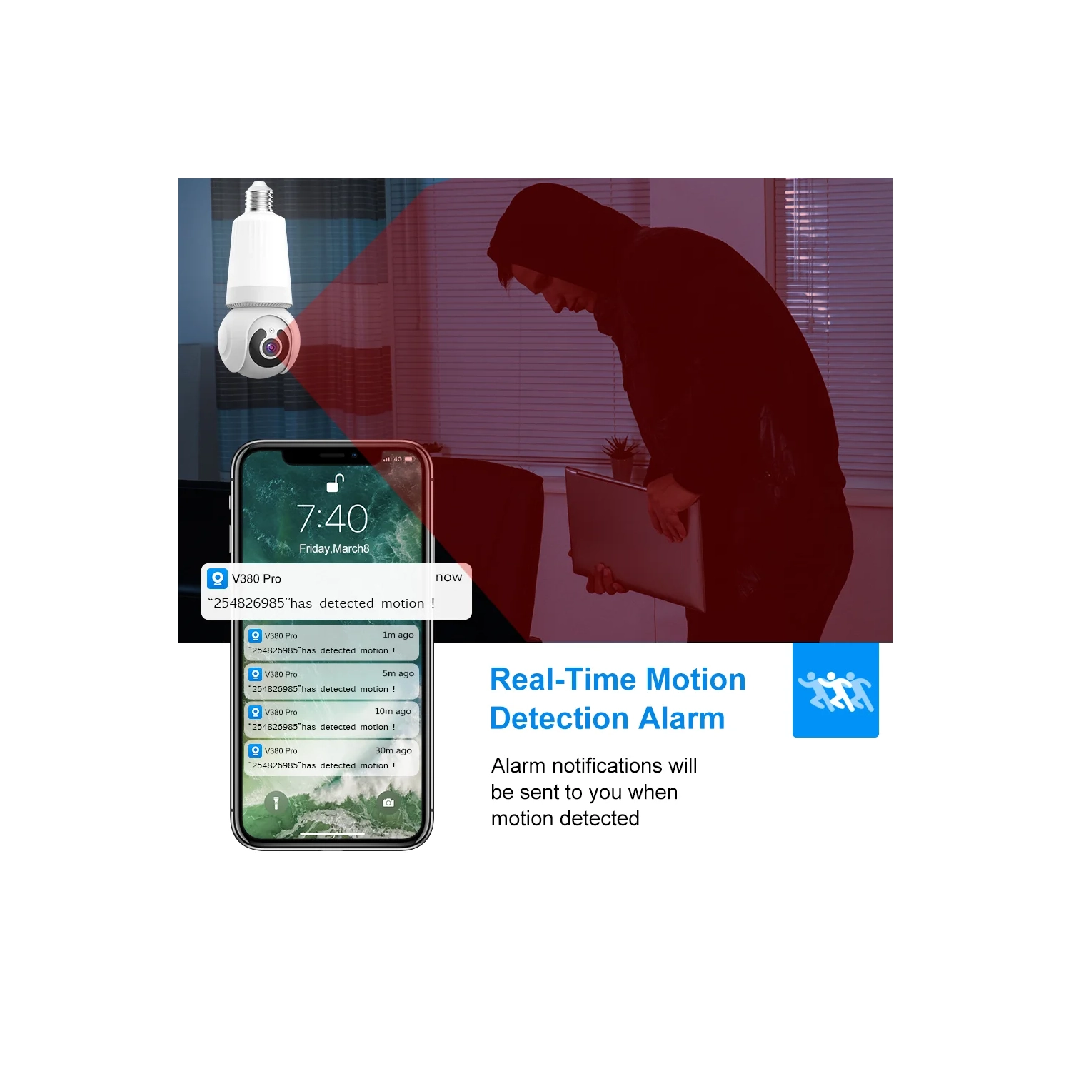 Ampoule Caméra 3 Mpx Caméra de surveillance Vision nocturne Wi-Fi Caméra IP de surveillance à domicile Caméra sans fil à détection d'humain et