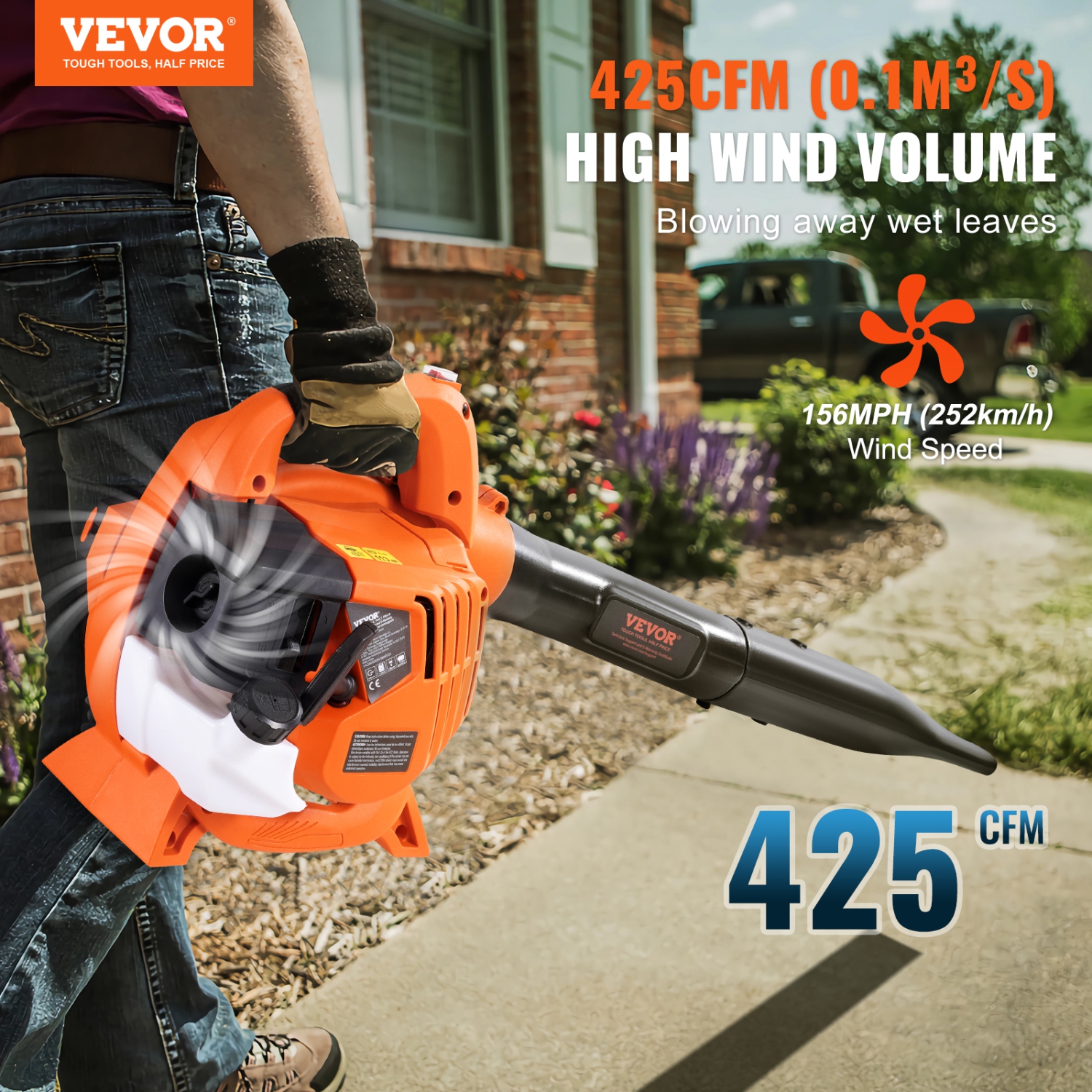 VEVOR 26CC 2-Cycle Leaf Blower, Handheld Leaf Blower with A Fuel Tank, 2-in-1 Blower 425CFM Air Volume 156MPH Speed, Ideal for Lawn Care, Leaf