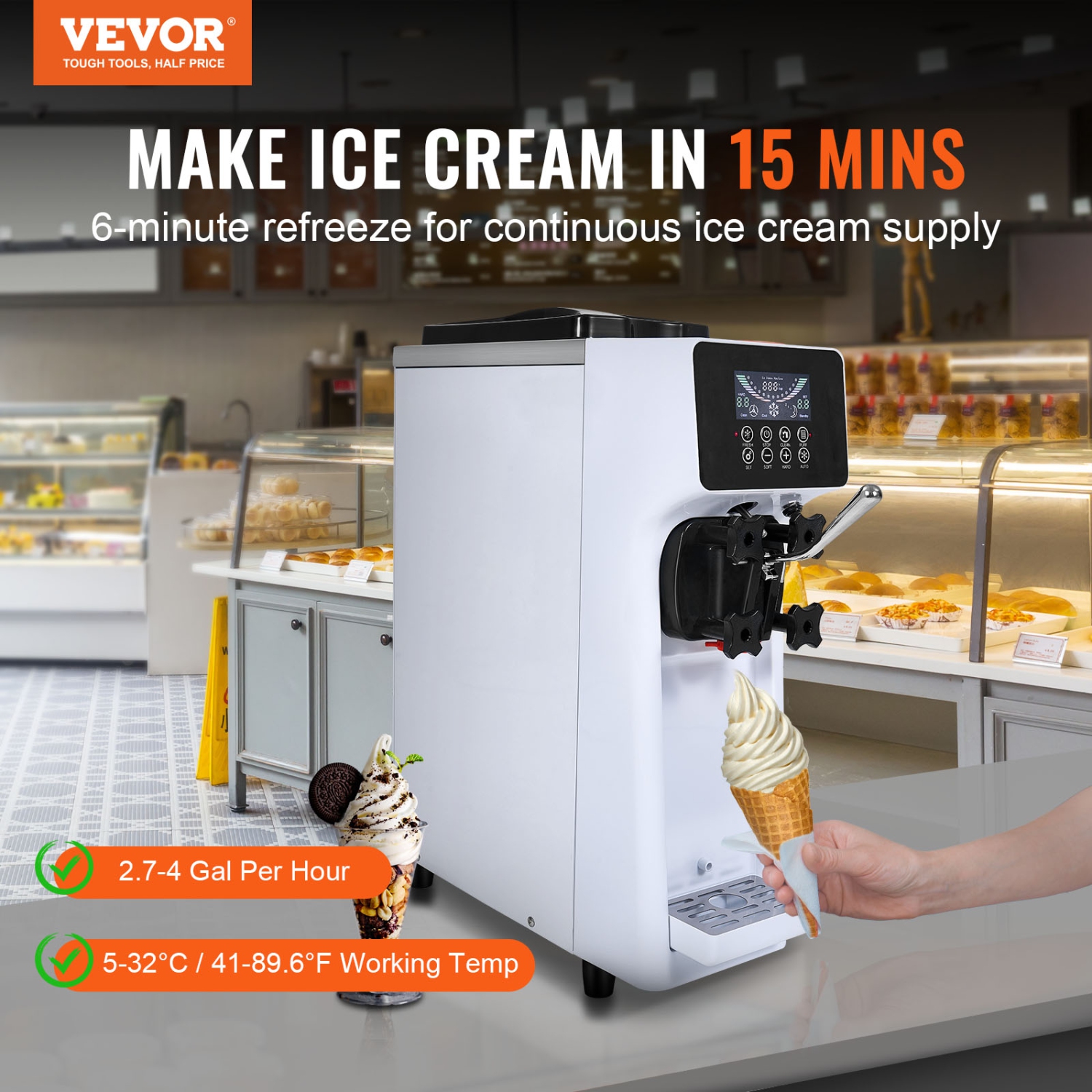 VEVOR 10.6 QT/H Yield, 1000W Commercial Ice Cream Machine, Single Flavor Countertop Soft Serve Ice Cream Maker, with 4L Hopper 1.6L Cylinder, LCD