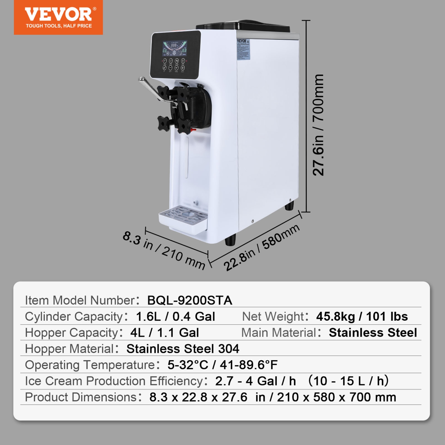 VEVOR 10.6 QT/H Yield, 1000W Commercial Ice Cream Machine, Single Flavor Countertop Soft Serve Ice Cream Maker, with 4L Hopper 1.6L Cylinder, LCD