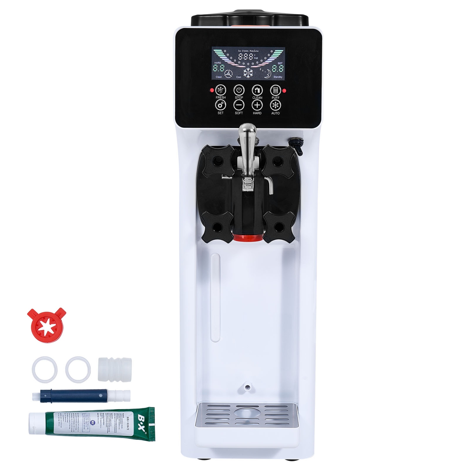 VEVOR 10.6 QT/H Yield, 1000W Commercial Ice Cream Machine, Single Flavor Countertop Soft Serve Ice Cream Maker, with 4L Hopper 1.6L Cylinder, LCD