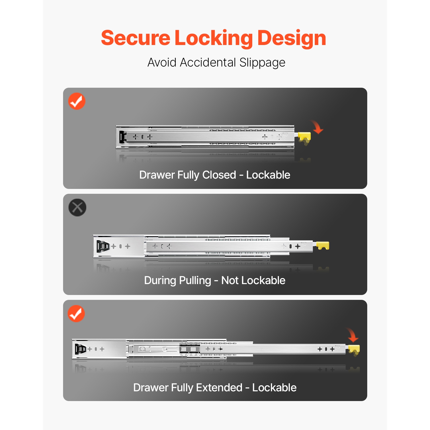 VEVOR 1 Pair Full Extension Drawer Slides 16 18 20 24 30 35 37.4 59 24 32 36 40 48 60 in, 250 lbs Load Locking Drawer Slides, Ball Bearing with Lock