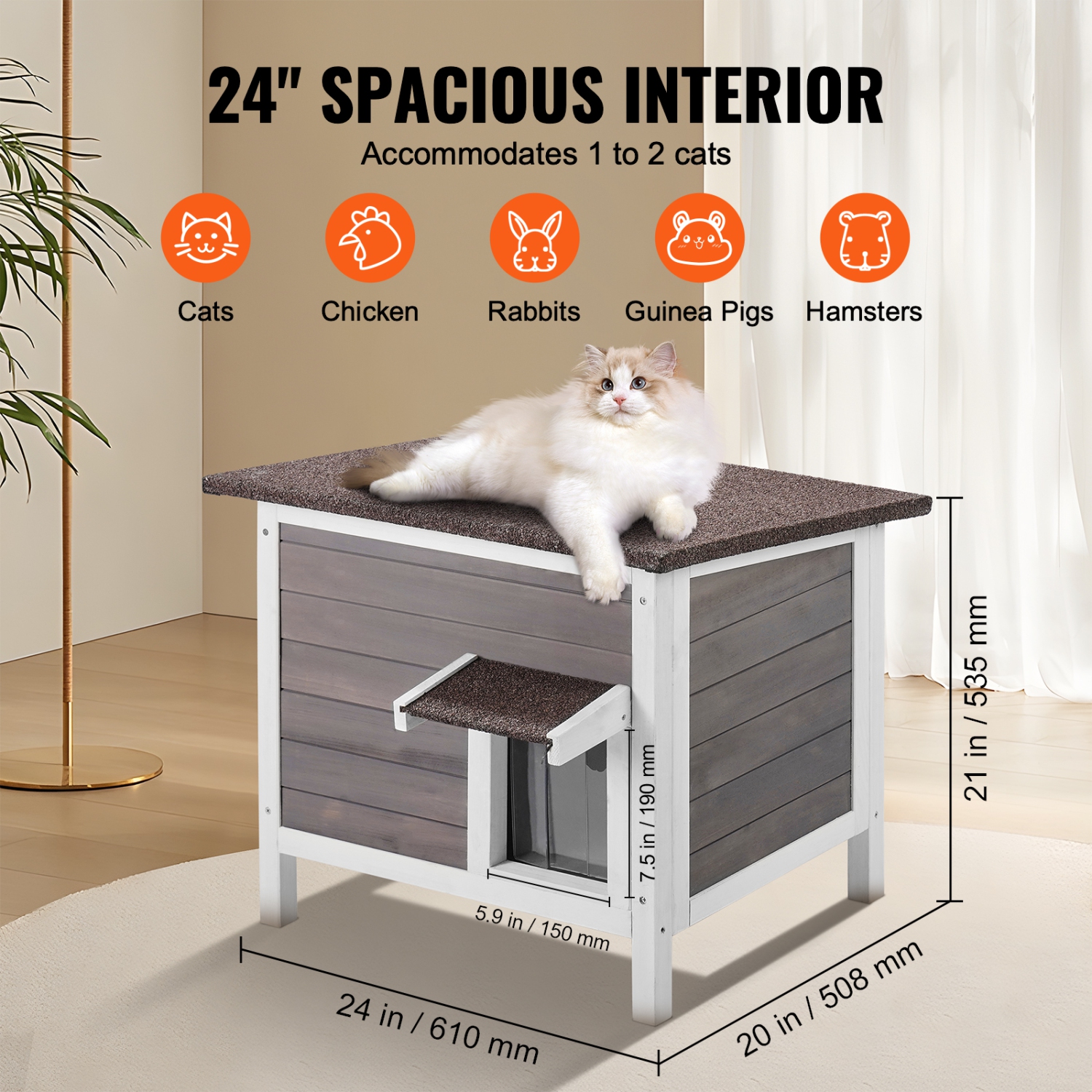 VEVOR 24"L x 20"W x 21"H Outdoor Cat House Weatherproof, Feral Cat Shelter for Multiple Cats, Wooden Cat Rabbit House with All-Round Foam Insulated,