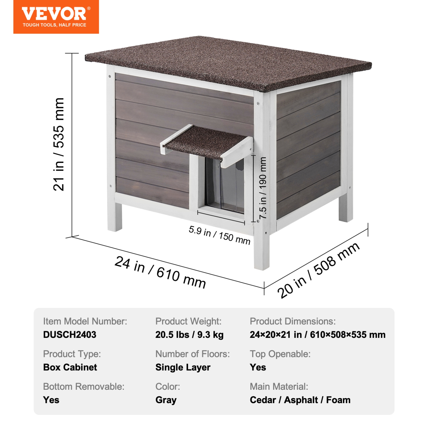VEVOR 24"L x 20"W x 21"H Outdoor Cat House Weatherproof, Feral Cat Shelter for Multiple Cats, Wooden Cat Rabbit House with All-Round Foam Insulated,