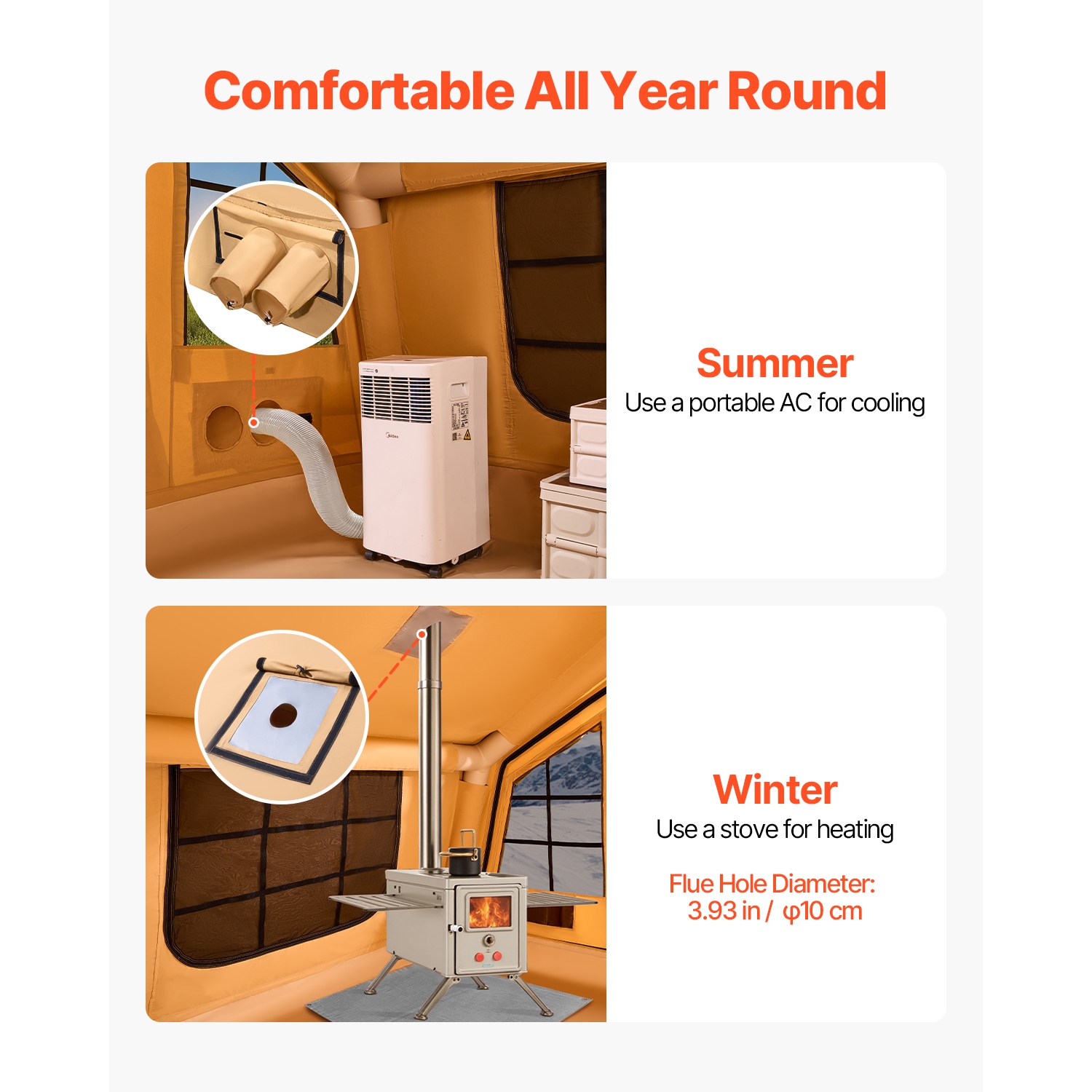 VEVOR 8-12 Person Inflatable Tents ,Blow up Tent with Hand Pump, 4 Season Luxury Glamping Tent with 2 Skylights, Canopy, Stove Jack, 2 Doors & Mesh