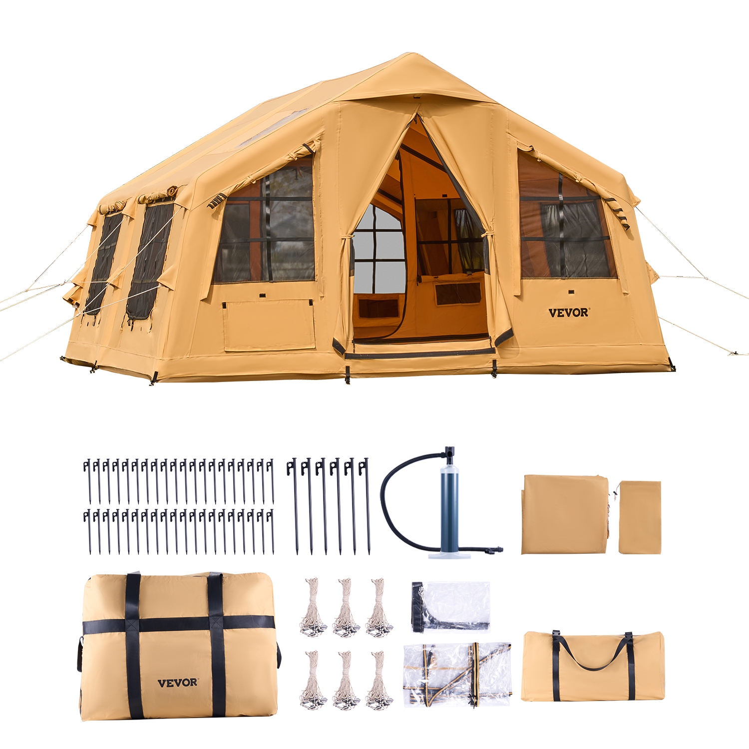 VEVOR 8-12 Person Inflatable Tents ,Blow up Tent with Hand Pump, 4 Season Luxury Glamping Tent with 2 Skylights, Canopy, Stove Jack, 2 Doors & Mesh