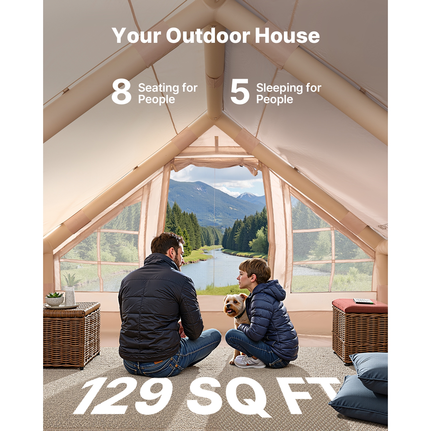 VEVOR 5-8 Person Inflatable Tents for Camping,Easy Setup Blow up Tent with Hand Pump, 300D Oxford Glamping Tent with Stove Jack 2 Doors & 4 Mesh