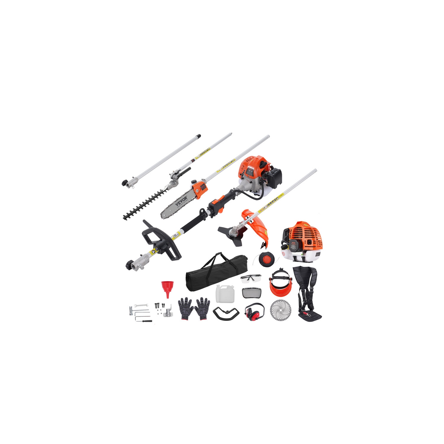 VEVOR 43CC 6-in-1 Multi-Functional Trimming Tools, Gas Hedge Trimmer, Weed Eater, String Trimmer, Brush Cutter, Edger, Pole Saw Chainsaw Pruner with