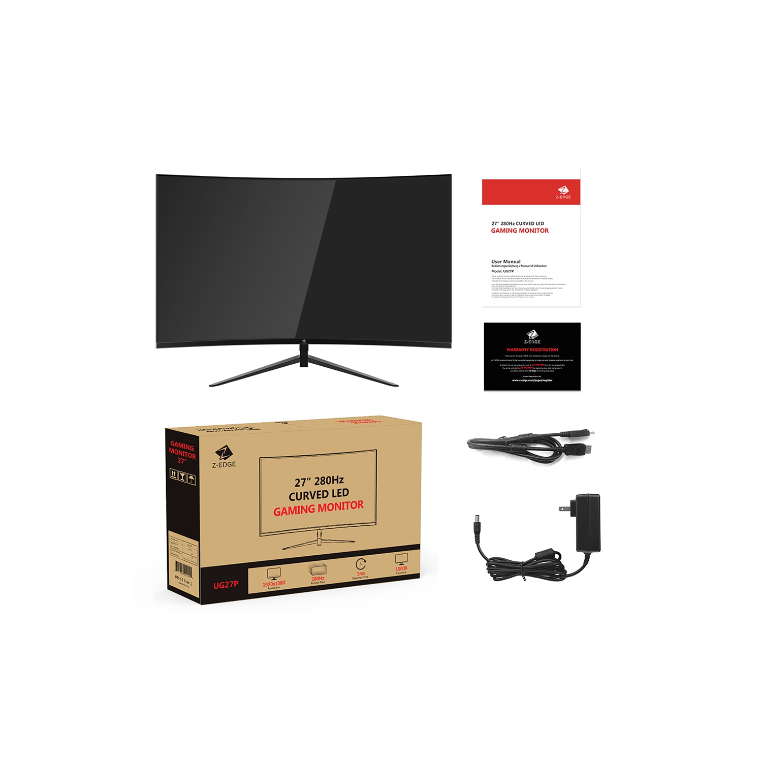 Moniteur de jeu incurvé 1&nbsp;ms 280&nbsp;Hz HD intégrale 1080p 1920 x 1080 de 27&nbsp;po, 2 ports HDMI, 2 port DP