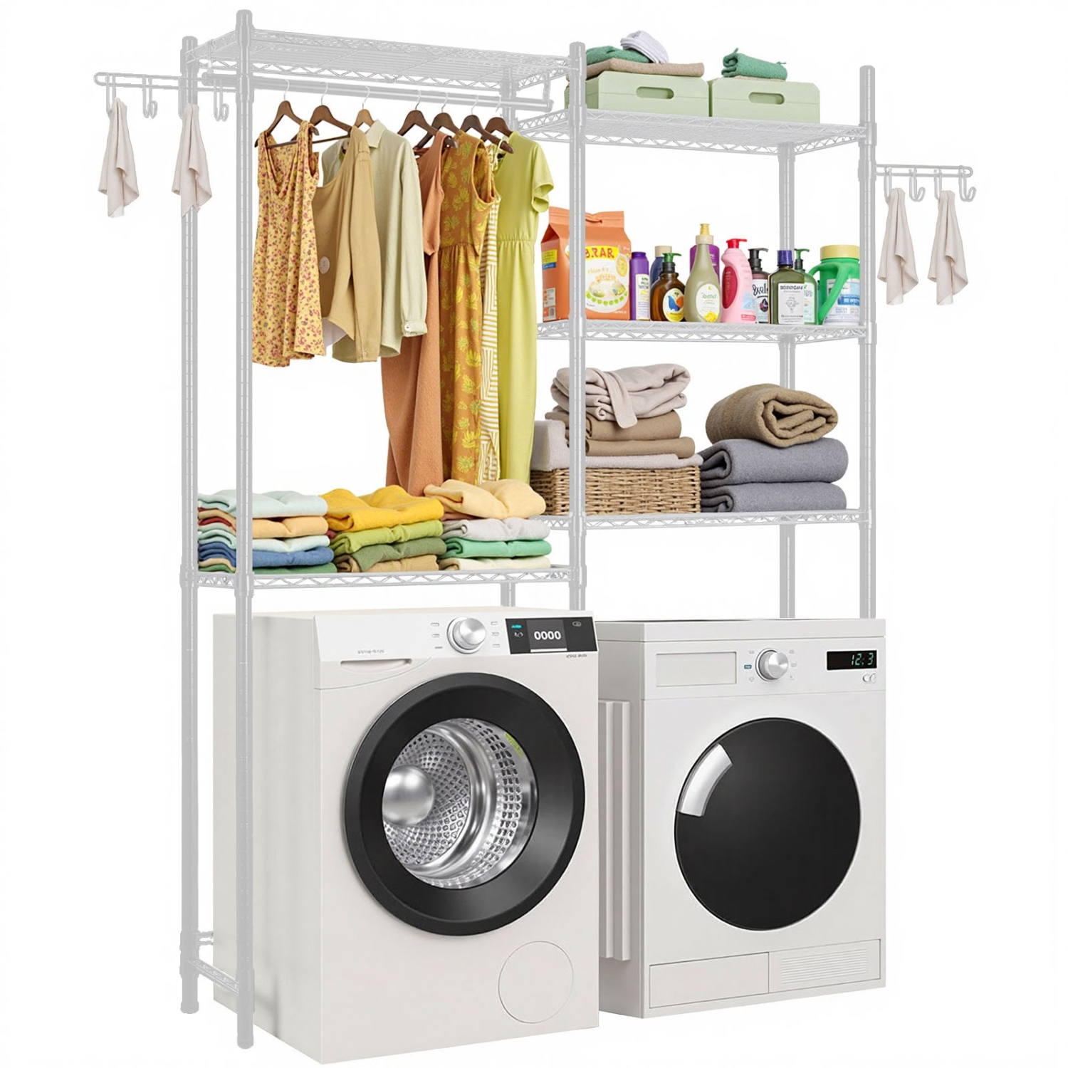 VEVOR 5 Tiers Over Washer and Dryer Storage Shelves, Laundry Room Drying Rack with Hanger Rod and Hooks, Two Rows Adjustable Washer Shelves Space