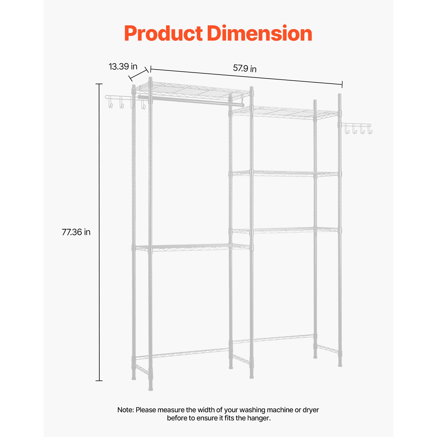 VEVOR 5 Tiers Over Washer and Dryer Storage Shelves, Laundry Room Drying Rack with Hanger Rod and Hooks, Two Rows Adjustable Washer Shelves Space