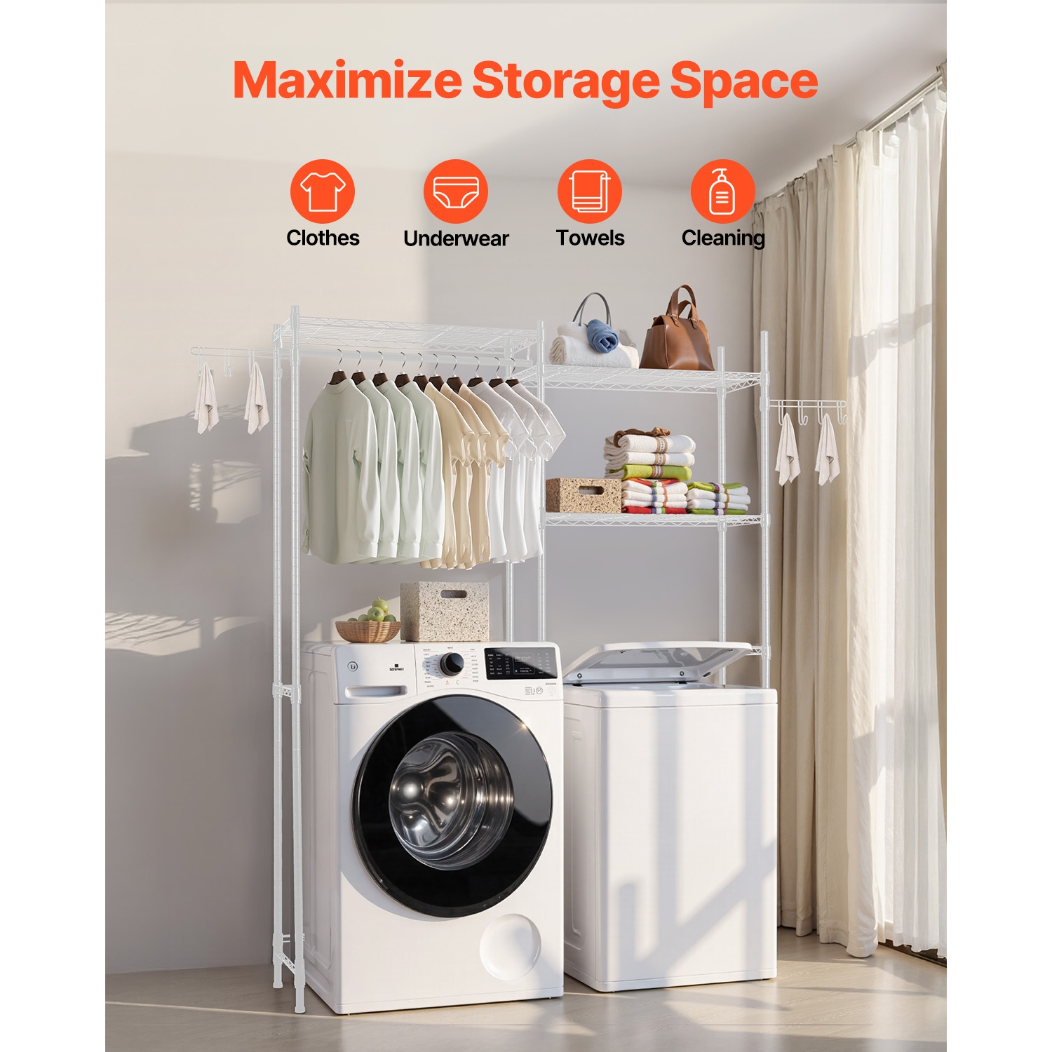 VEVOR 5 Tiers Over Washer and Dryer Storage Shelves, Laundry Room Drying Rack with Hanger Rod and Hooks, Two Rows Adjustable Washer Shelves Space