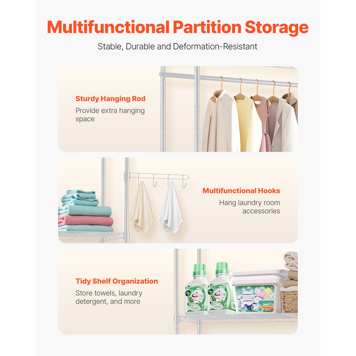 VEVOR 5 Tiers Over Washer and Dryer Storage Shelves, Laundry Room Drying Rack with Hanger Rod and Hooks, Two Rows Adjustable Washer Shelves Space