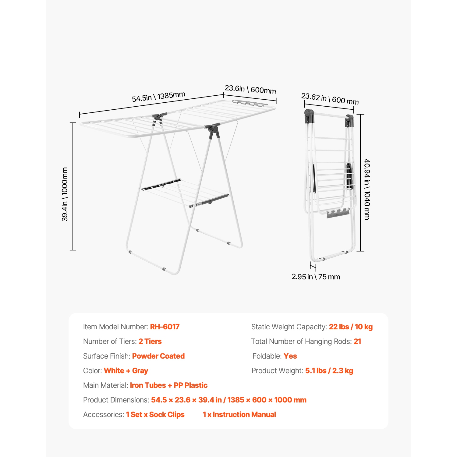 VEVOR 2-Tier Clothes Drying Rack, Foldable Laundry Dryer Rack with Sock Clips & 21 Drying Rods, Metal Height Adjustable Drying Racks, Free-Standing &