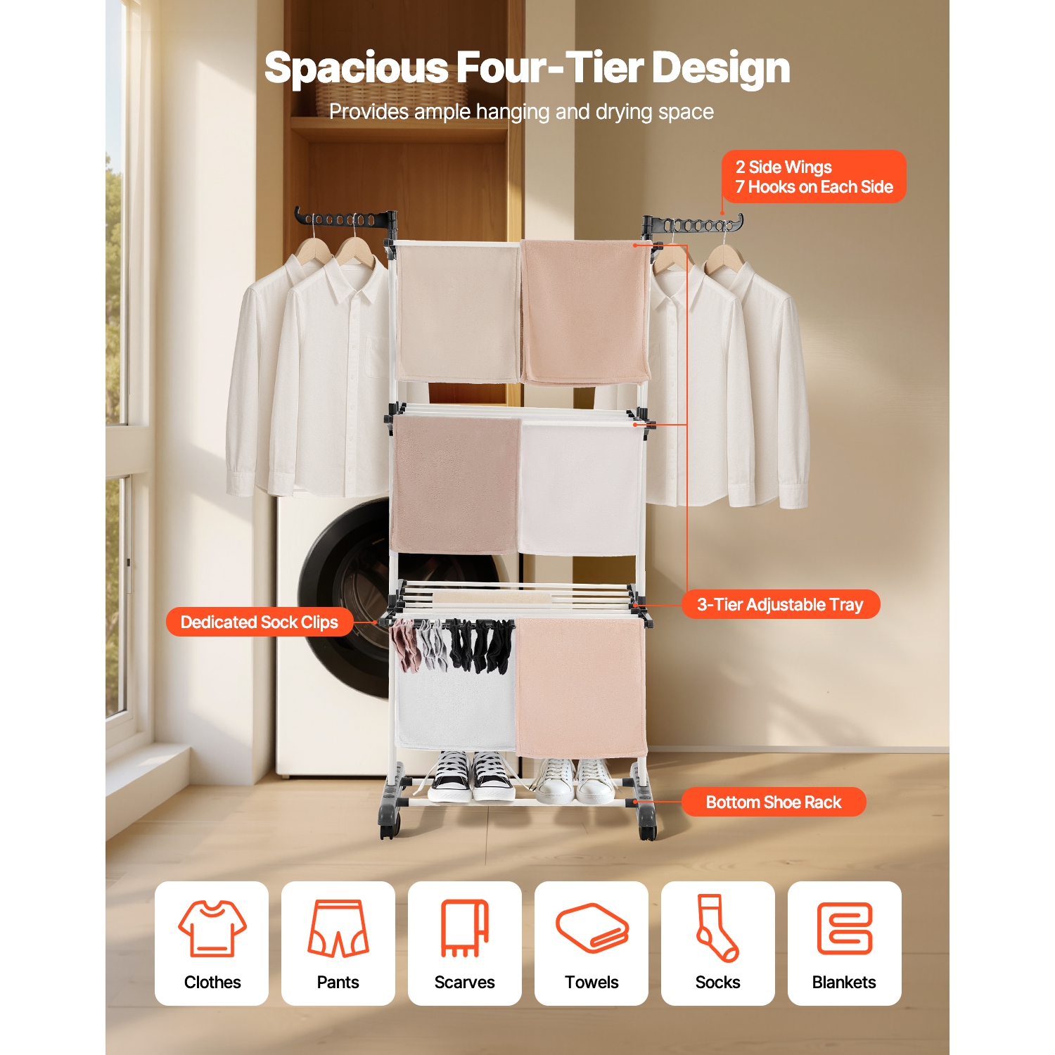 Support de séchage à 4 niveaux VEVOR, support de sécheuse pliable, supports de séchage en métal avec 24 tiges de séchage, support autonome et