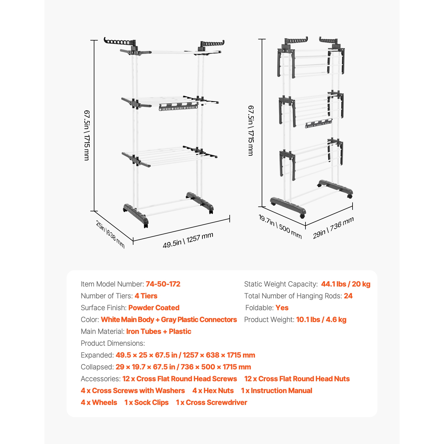 Support de séchage à 4 niveaux VEVOR, support de sécheuse pliable, supports de séchage en métal avec 24 tiges de séchage, support autonome et