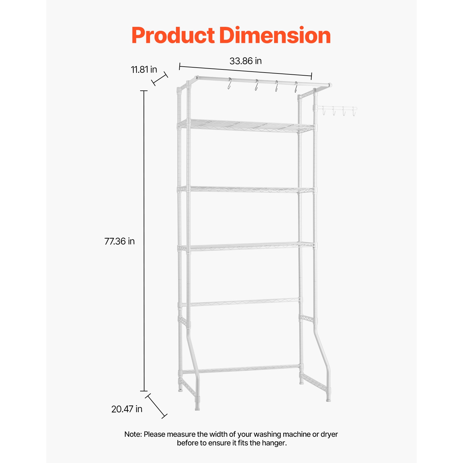 VEVOR 3 Tiers Over Washer and Dryer Storage Shelf, Laundry Room Drying Rack with Hanger Rod and Hooks, Single Row Adjustable Washer Shelves Space
