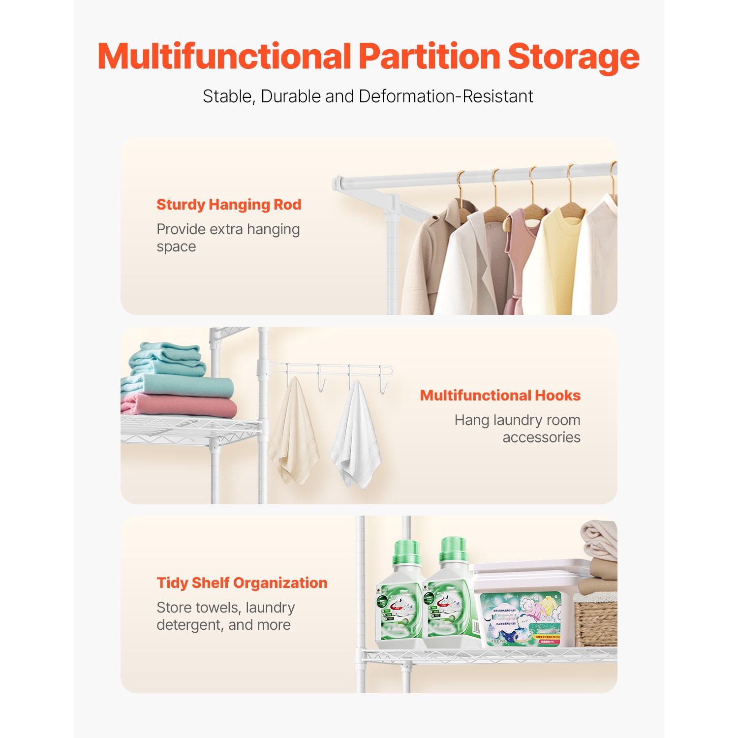 VEVOR 3 Tiers Over Washer and Dryer Storage Shelf, Laundry Room Drying Rack with Hanger Rod and Hooks, Single Row Adjustable Washer Shelves Space