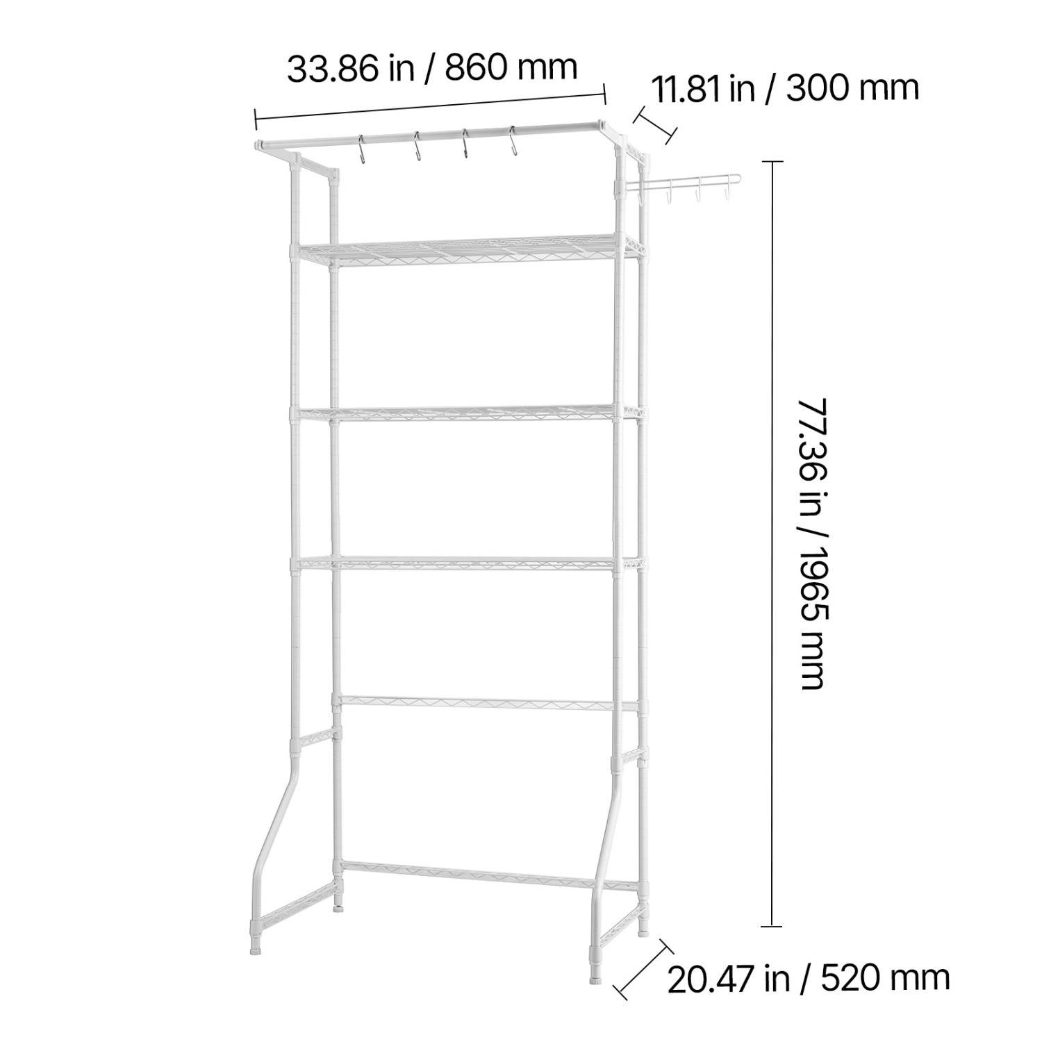 VEVOR 3 Tiers Over Washer and Dryer Storage Shelf, Laundry Room Drying Rack with Hanger Rod and Hooks, Single Row Adjustable Washer Shelves Space