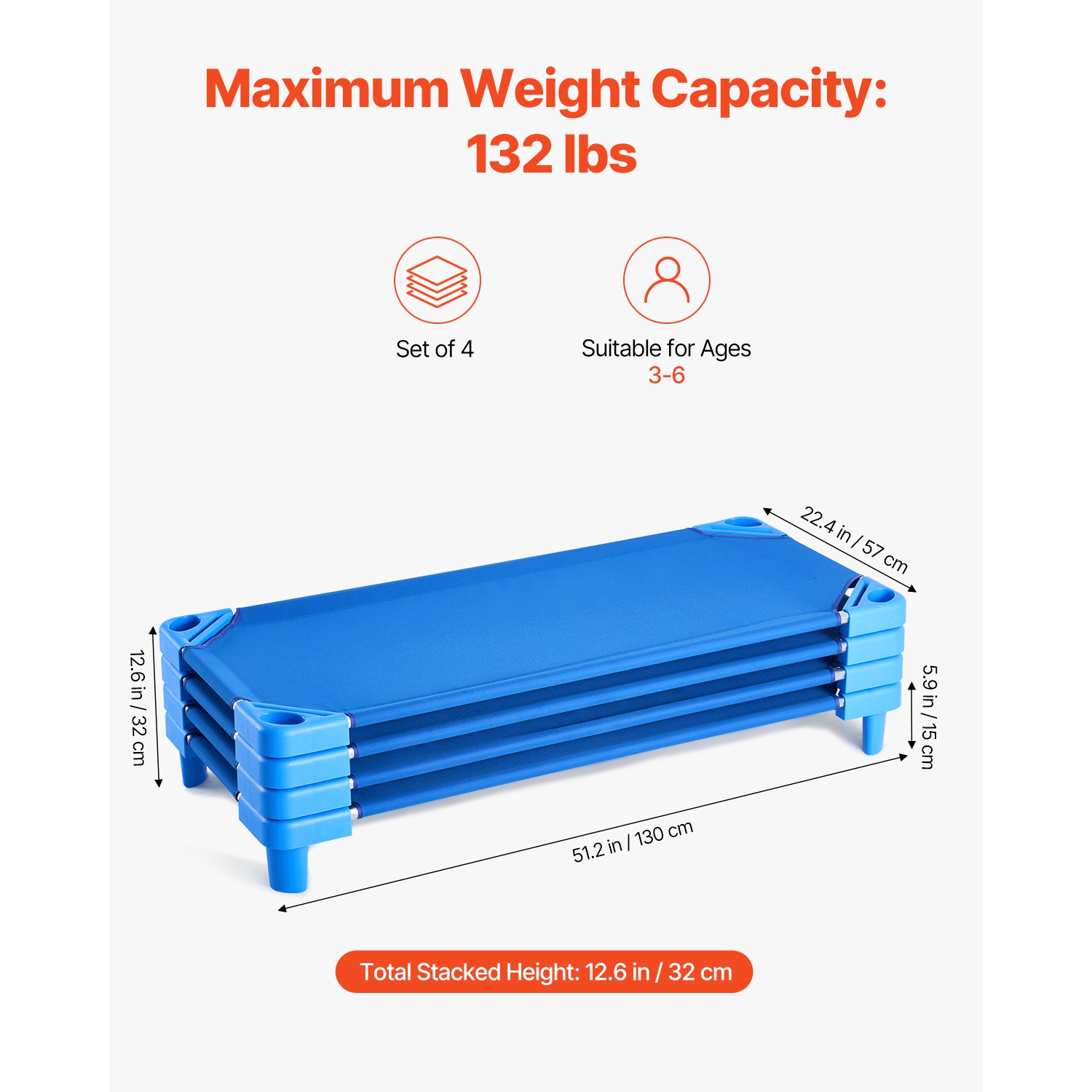 VEVOR 4 PacksStackable Kiddie Cot, Portable Toddler Nap Cots, Standard Size 52" L x 23" W Daycare Cots for Kids, Preschool Daycare Beds for Sleeping,