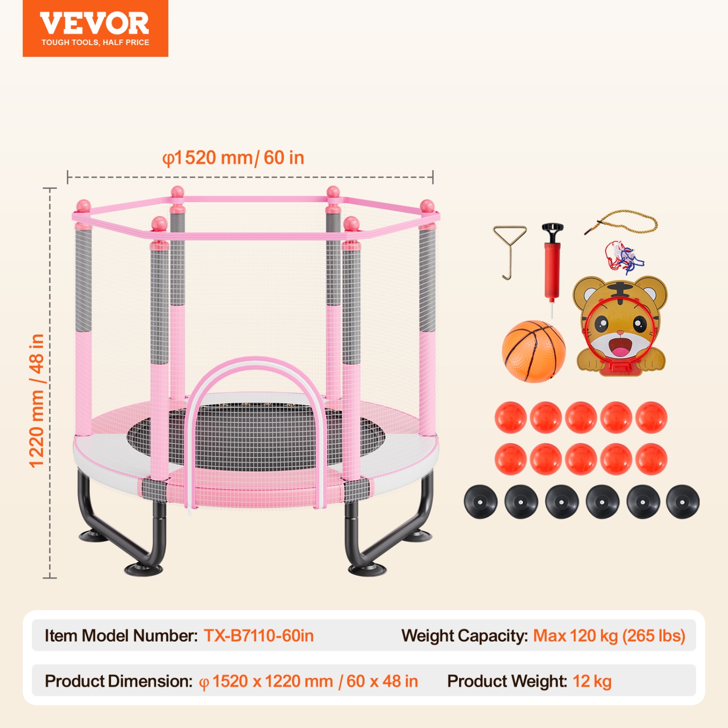 Trampoline VEVOR pour enfants de 60&nbsp;po, mini trampoline intérieure/extérieure de 5 pi pour tout-petits, filet de sécurité et panier de