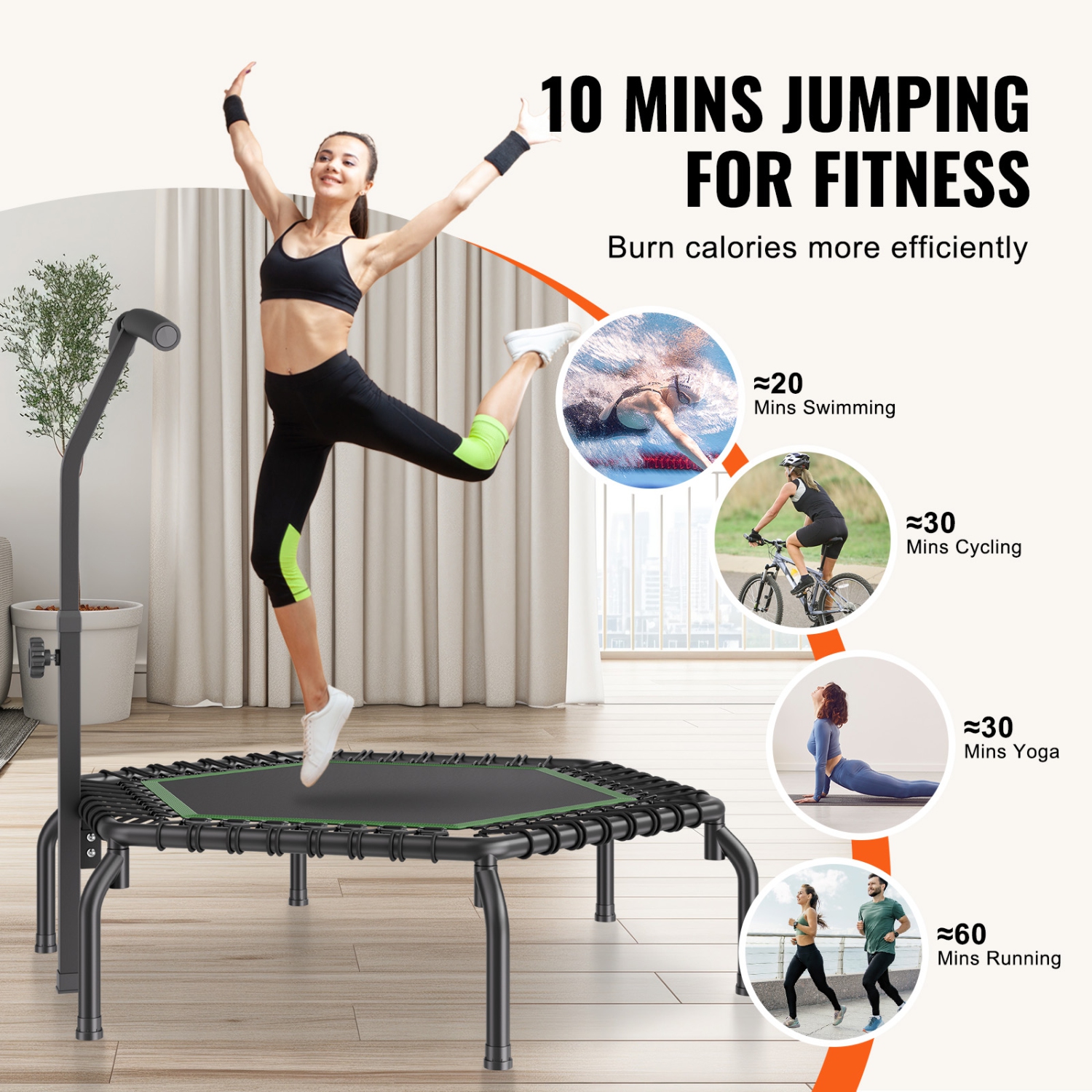 VEVOR 450lbs Max Load Mini Trampoline, 54.5 Inch Fitness Rebounder, Stable & Quiet Small Trampoline with 3 Levels Height Adjustable Foam Handle, for