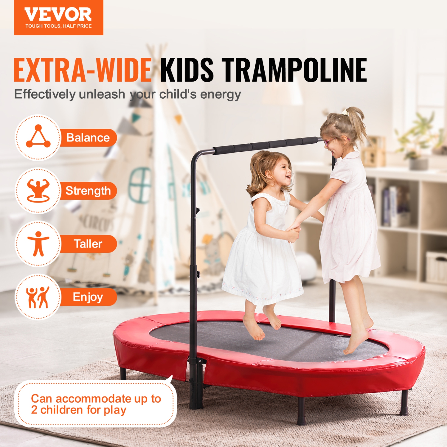 VEVOR 56x36 inch Kids Trampoline, Indoor/Outdoor Foldable Mini Trampoline with Handle, Rebounder for Toddlers, Birthday Gift for 3+ Years Children,