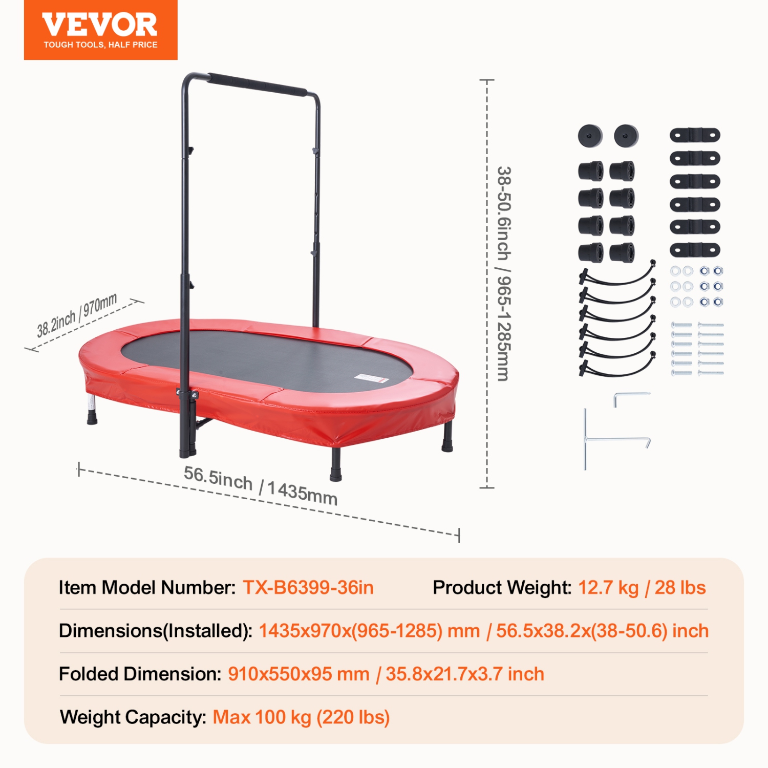 VEVOR 56x36 inch Kids Trampoline, Indoor/Outdoor Foldable Mini Trampoline with Handle, Rebounder for Toddlers, Birthday Gift for 3+ Years Children,