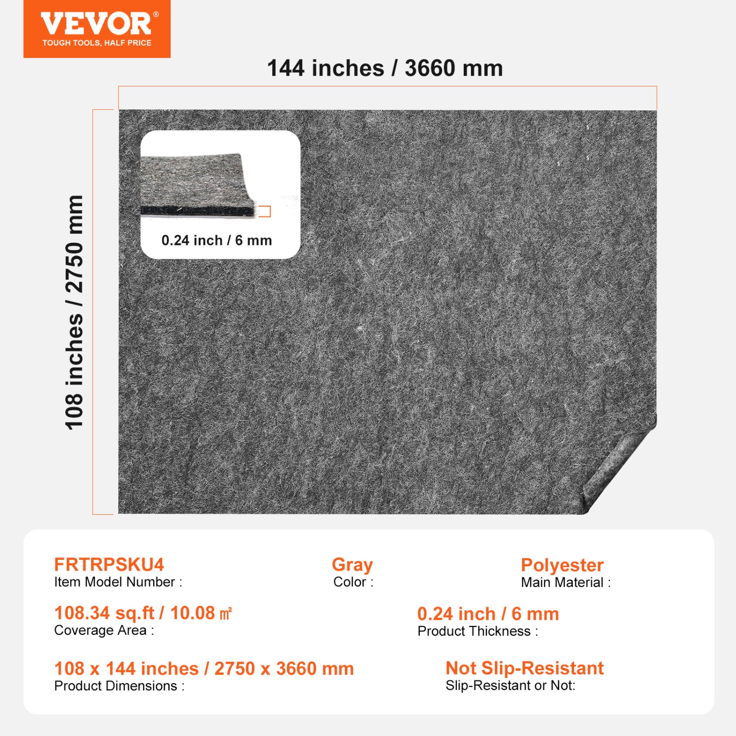 VEVOR 9' x 12' Rug Pad Without Slip Resistance, Protective Cushioning Carpet Pad, 1/4"Thick, 100% Pure Polyester Felt, 10-11㎡ Comfort Underfoot