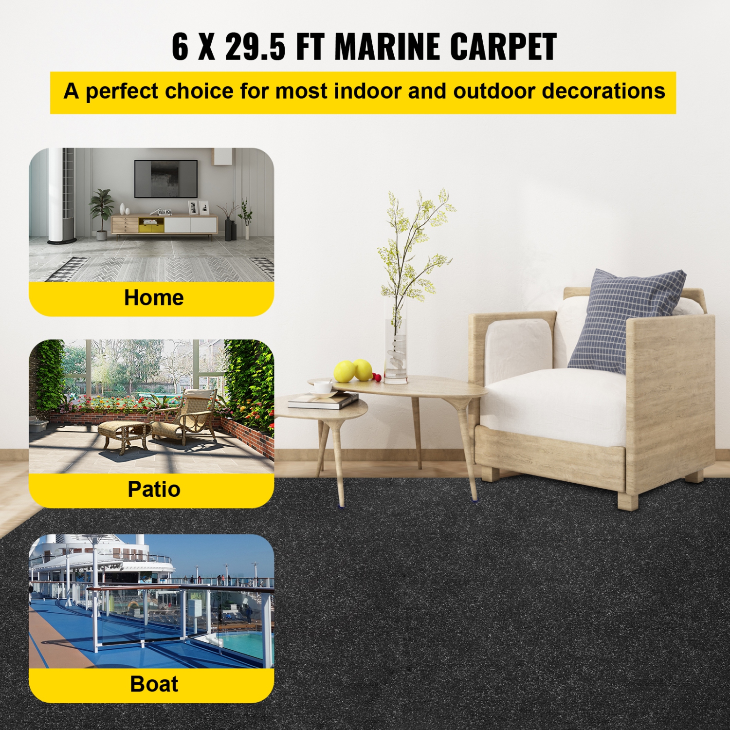 VEVOR 6x29.5 feet Boat Carpet, Marine Carpet for Boats, Waterproof Black Indoor Outdoor Carpet with Marine Backing Anti-Slide Marine Grade Boat