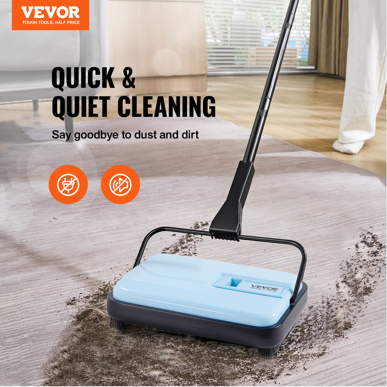 VEVOR Carpet Sweeper Manual, Floor Sweeper with 300 ml Dustbin Capacity Easy to Empty, 6.7 inch Cleaning Width for Home Office Carpets Pet Hair Dust,