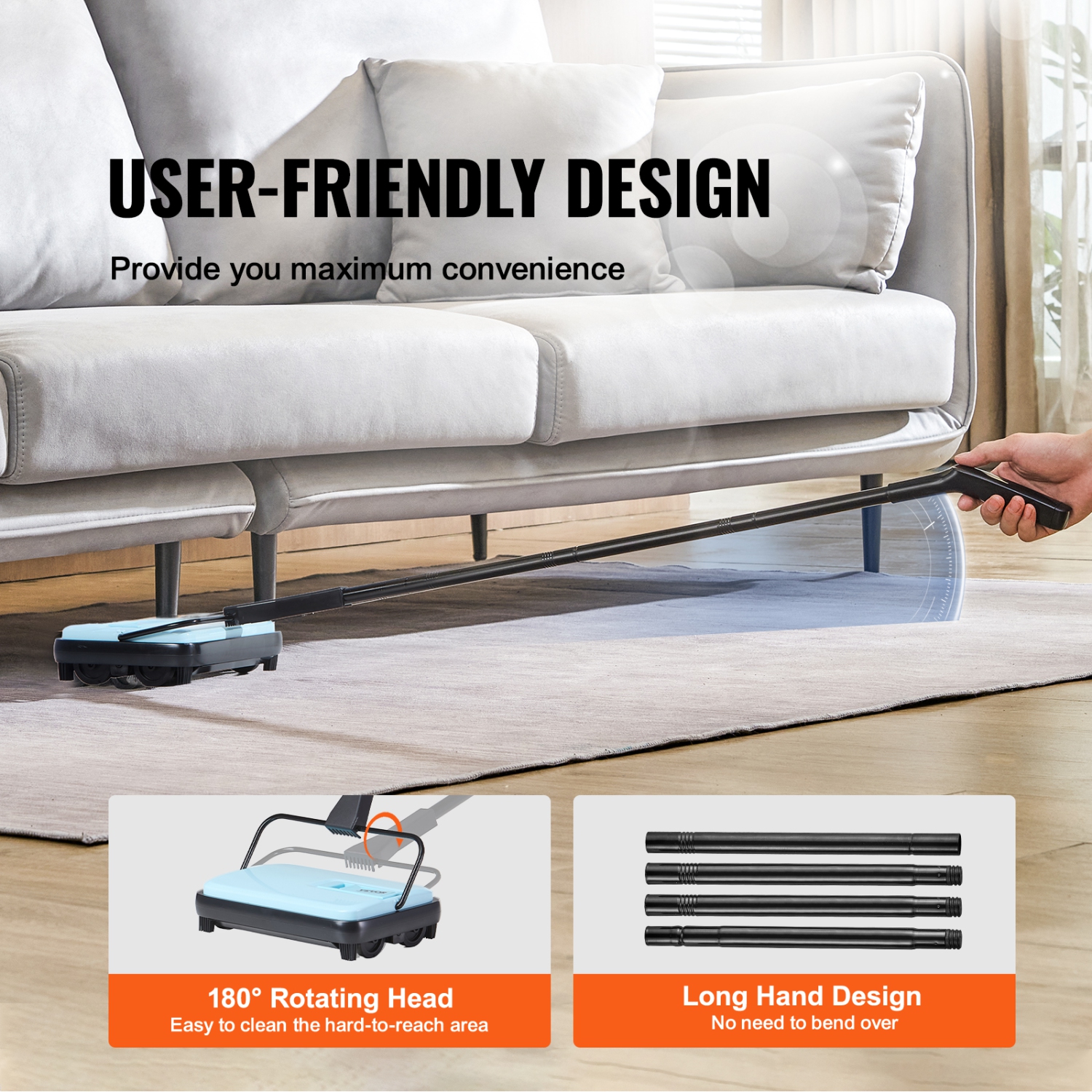 VEVOR Carpet Sweeper Manual, Floor Sweeper with 300 ml Dustbin Capacity Easy to Empty, 6.7 inch Cleaning Width for Home Office Carpets Pet Hair Dust,