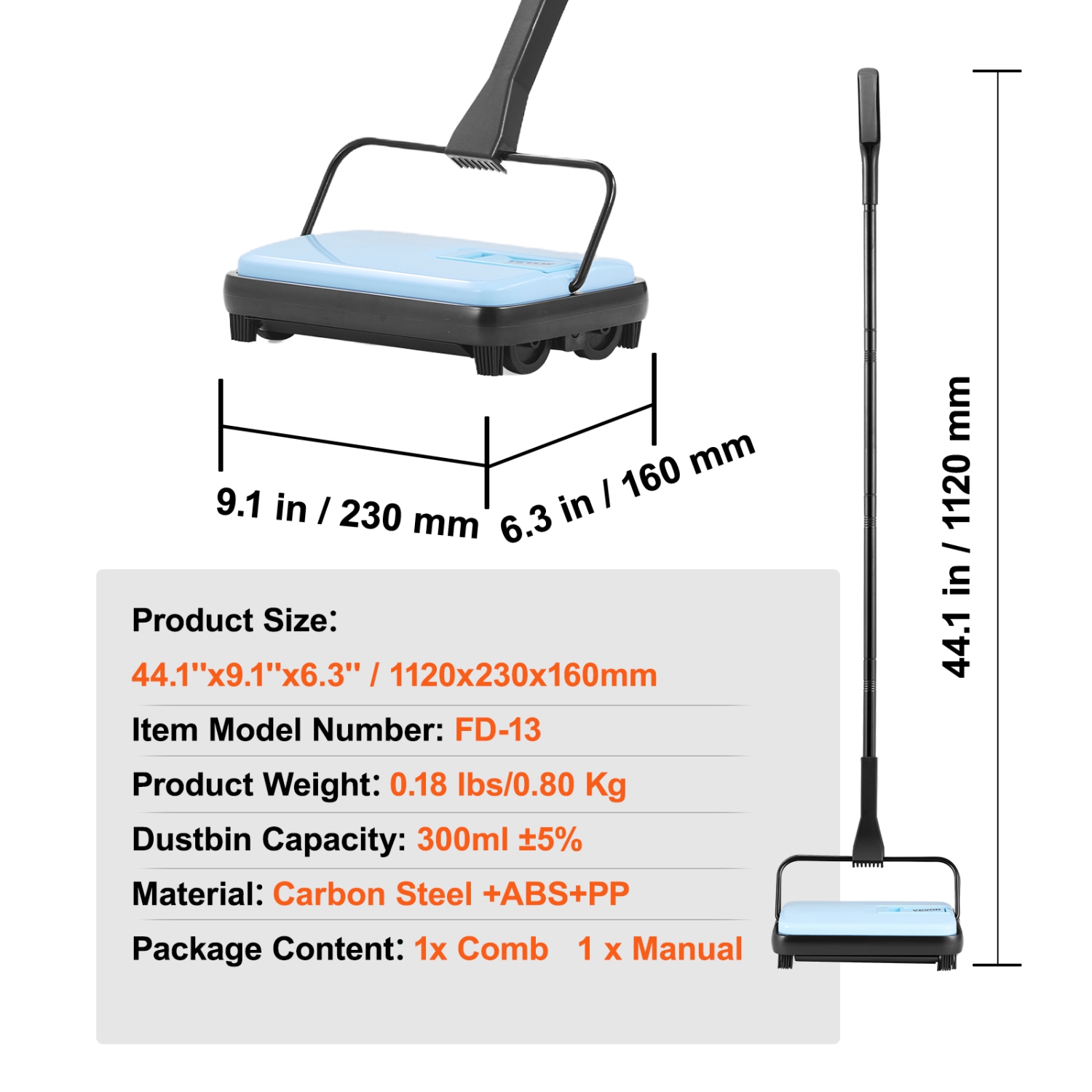 VEVOR Carpet Sweeper Manual, Floor Sweeper with 300 ml Dustbin Capacity Easy to Empty, 6.7 inch Cleaning Width for Home Office Carpets Pet Hair Dust,