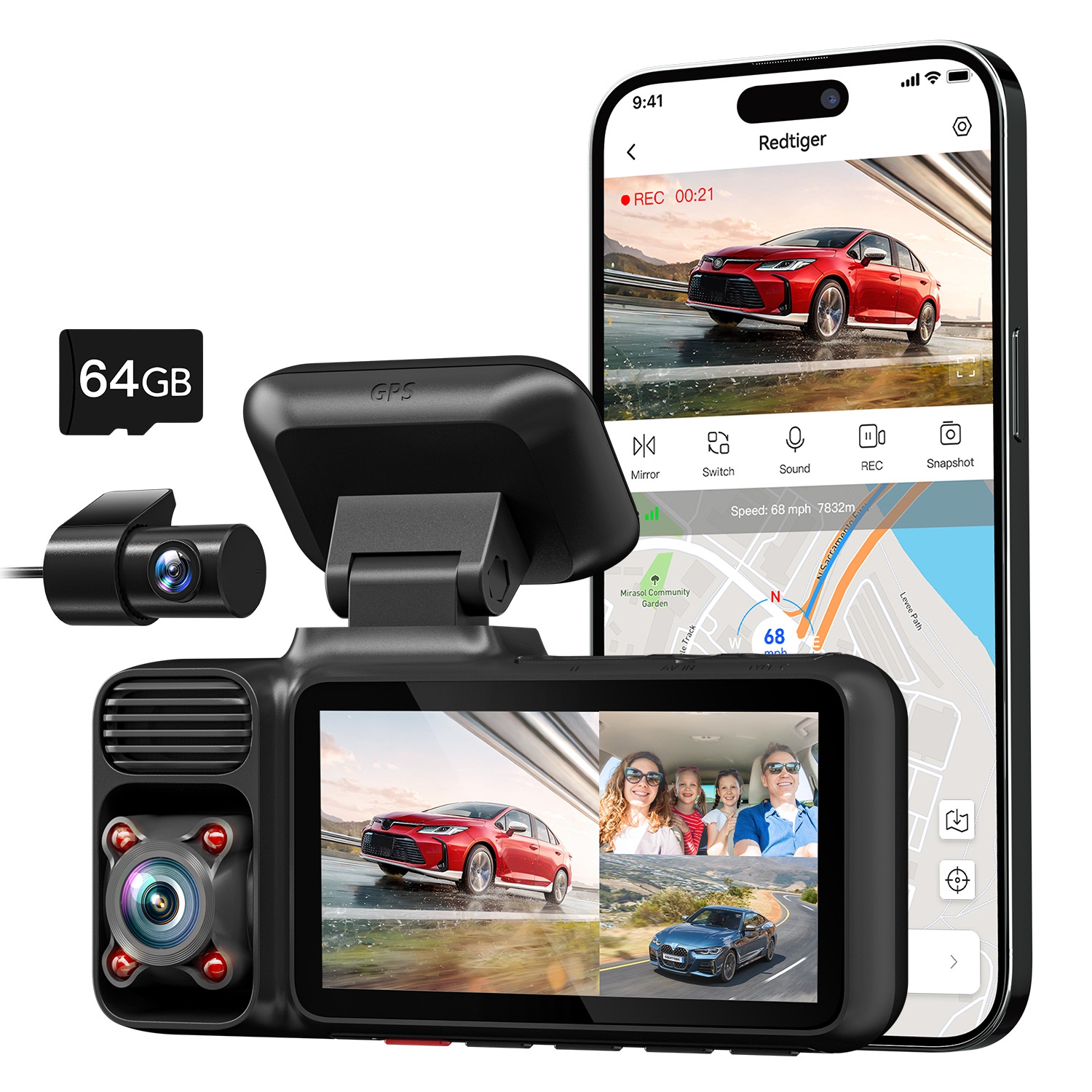 REDTIGER 3-Channel 4K UHD Dash Cam with 64G Card, GPS & Wi-Fi