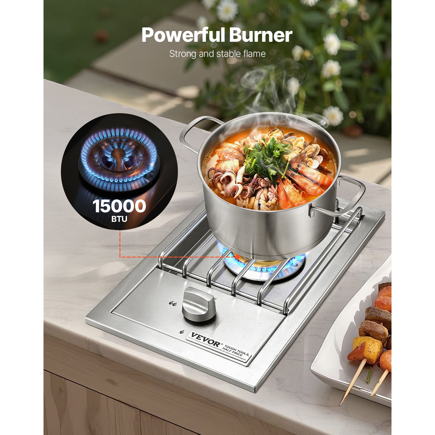 VEVOR 15,000BTU Single Grilling Side Burner,Liquid Propane Side Burner for Outdoor Kitchen, Convertible to Natural Gas, 304 Stainless Steel Built-in