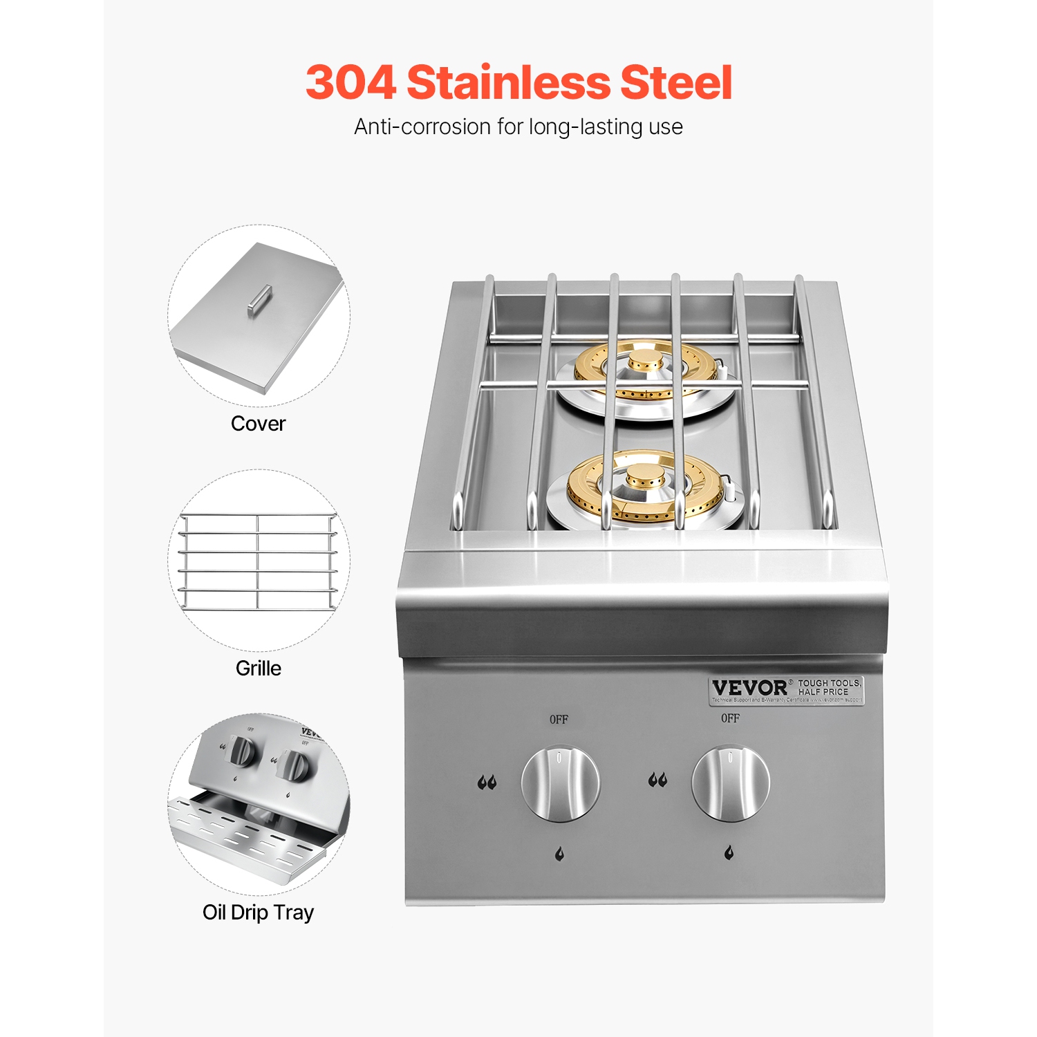 2 brûleurs latéraux à double gril VEVOR 15&nbsp;000&nbsp;BTU, brûleur latéral au propane liquide pour cuisine extérieure, convertible au gaz naturel,
