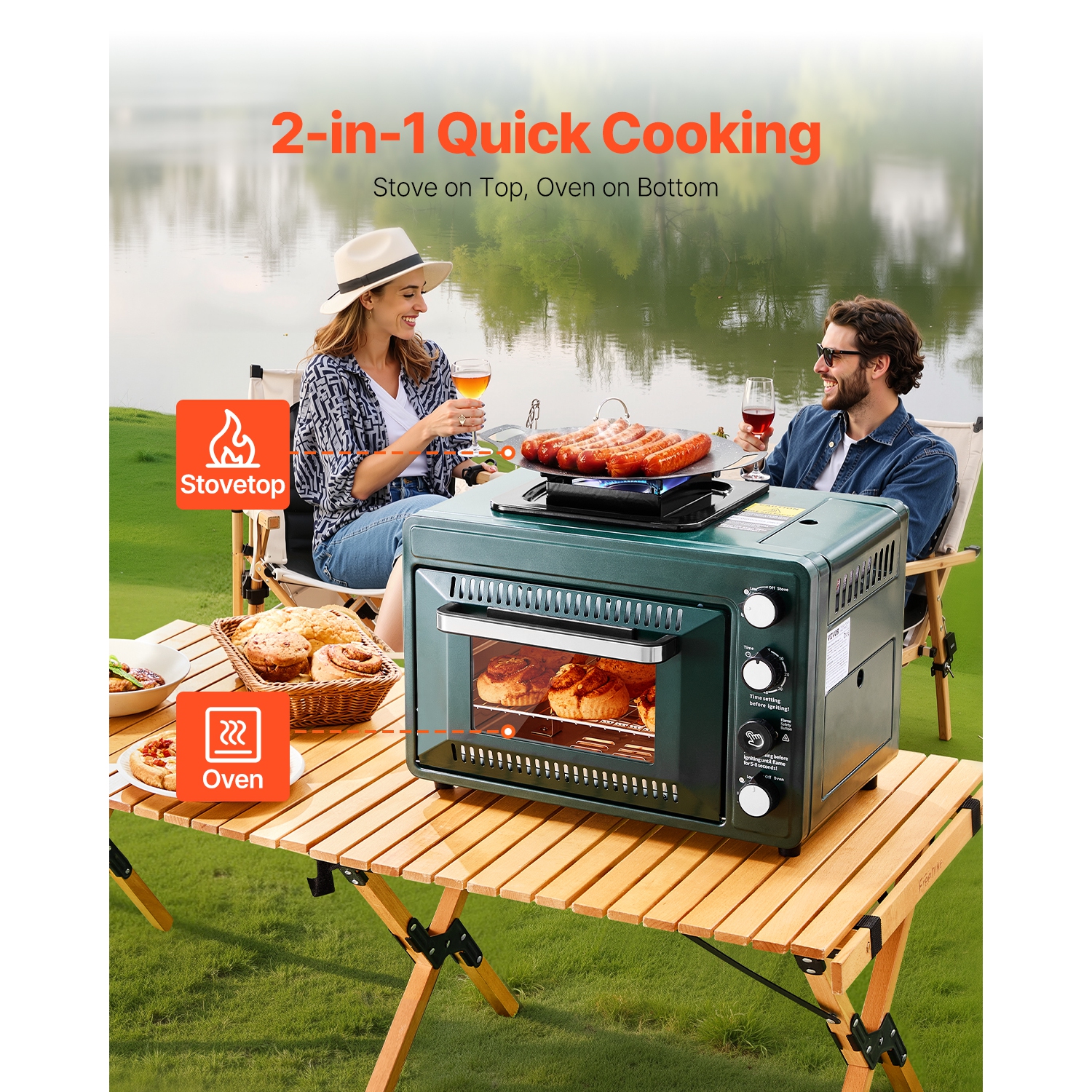VEVOR 2-in-1 Outdoor Oven, Portable Gas Camping Stove Oven Combo, Adjustable Fire, 60-Minute Timer, Windproof, with Grill Shelf and Roasting Tray,