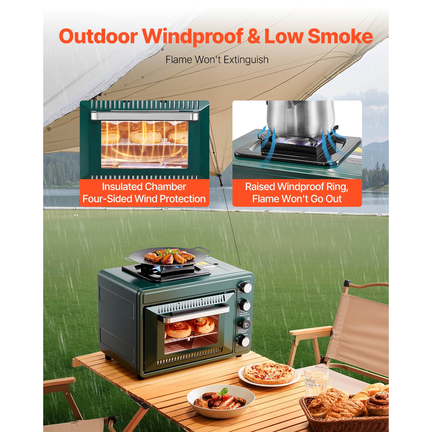 VEVOR 2-in-1 Outdoor Oven, Portable Gas Camping Stove Oven Combo, Adjustable Fire, 60-Minute Timer, Windproof, with Grill Shelf and Roasting Tray,