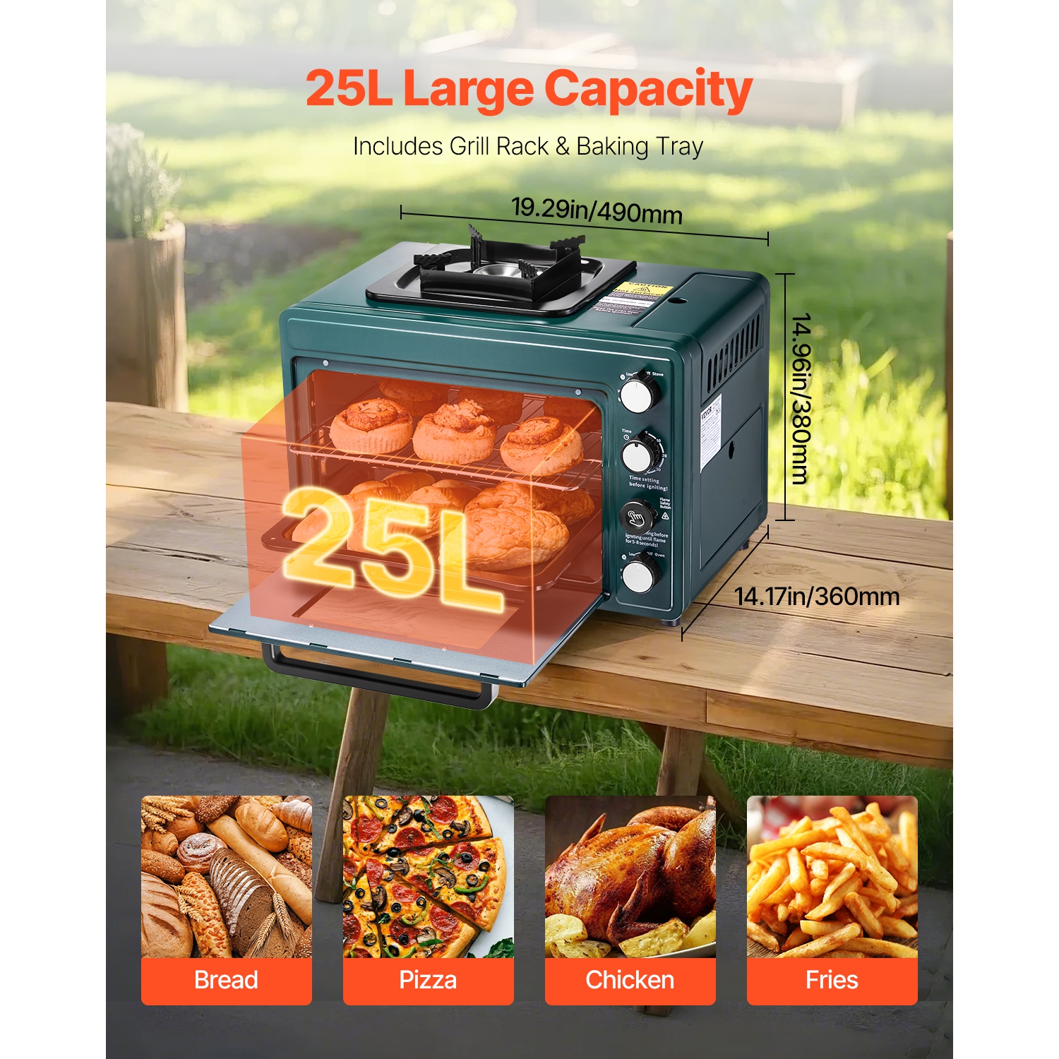 VEVOR 2-in-1 Outdoor Oven, Portable Gas Camping Stove Oven Combo, Adjustable Fire, 60-Minute Timer, Windproof, with Grill Shelf and Roasting Tray,